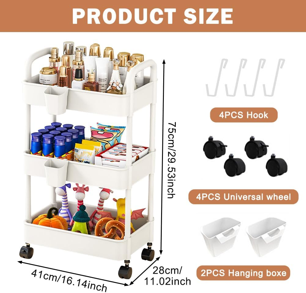 3-Tier Rolling Utility Cart with Lockable Wheels, White Multi-Purpose Storage Organizer with Handle Anf Easy Assembly, for Kitchen, Office, Nursery, Living Room, White image number 4