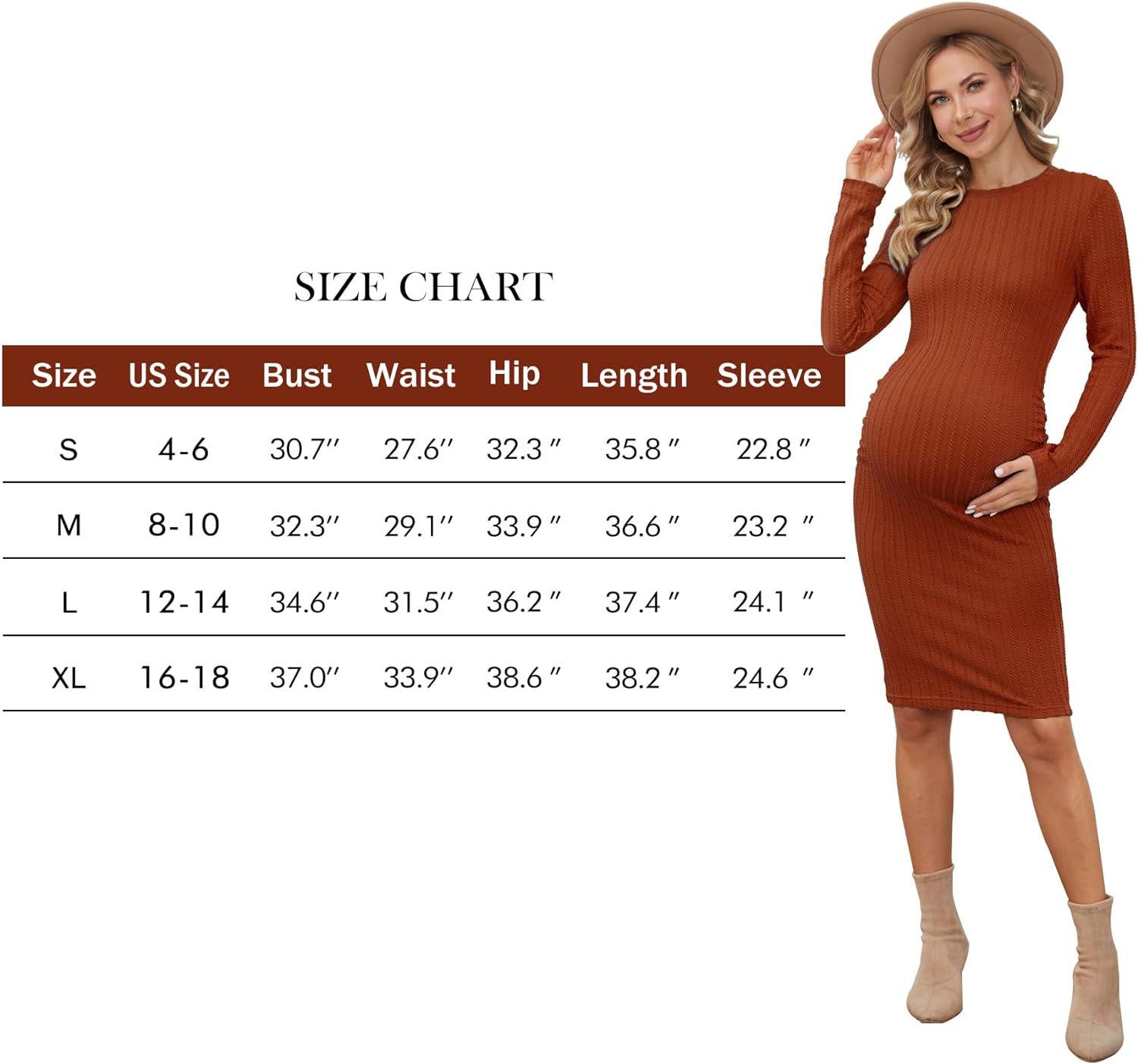 Women'S B Shape Side Ruch Knit Ribbed Maternity Bodycon Dress/Midi Dress with Long Sleeves for Daily Wear & Baby Shower image number 1