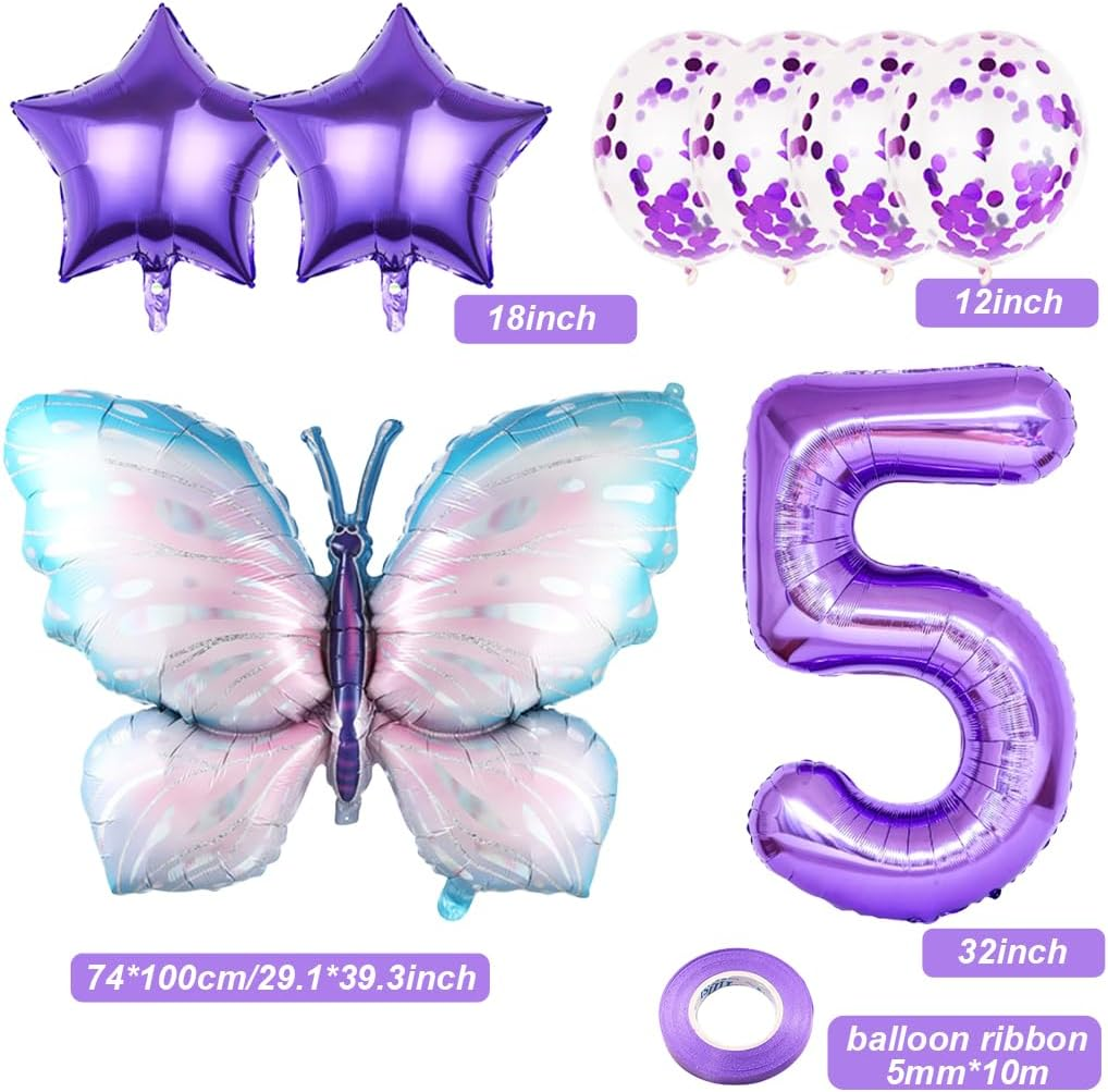 5 Years Butterfly Birthday Decoration Large Colourful Butterfly Foil Balloon 5Th Birthday Butterfly Balloon Purple Number 5 Balloon for Girls Birthday Party