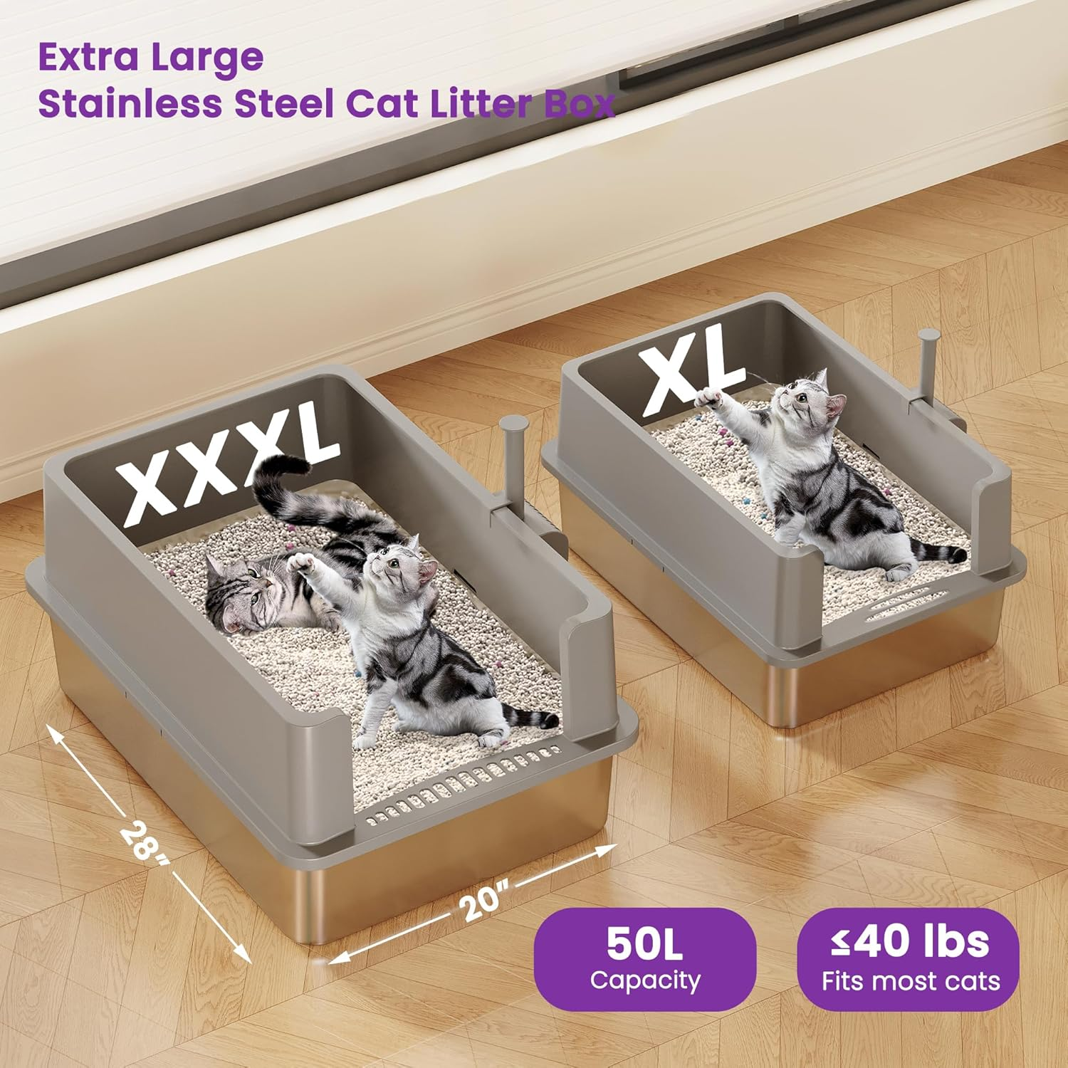 XXXL Stainless Steel Litter Box for Cats, 70 X 50 X 15 Cm Extra Large Metal Litter Box with High Sided Lid, for Big Cats, Multi-Cat Household, Non-Sticky & Easy to Clean image number 6