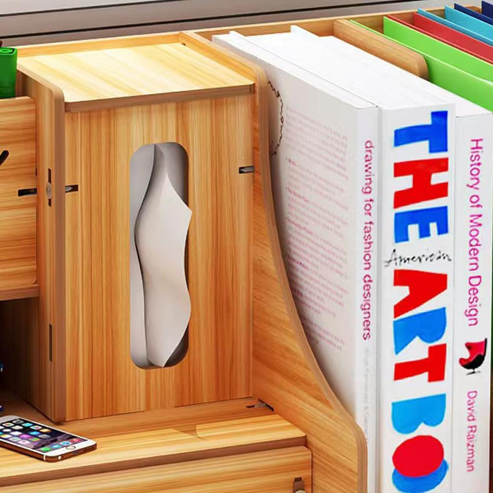Hbluefat Desktop Organizer with Drawer, Wooden Desk File Document Organizer with Pen Holder and Tissue Box, Tabletop Stationery Storage Rack for Desk Accessories, File, Book, Office Supplies (Maple)