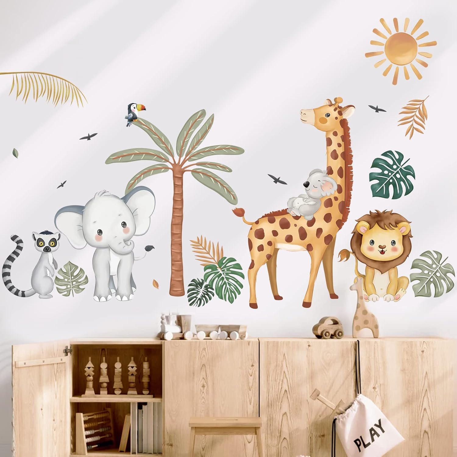Wondever Boho Jungle Animals Wall Stickers Safari Animal Palm Tree Elephant Giraffe Lion Peel and Stick Art Decals for Baby Nursery Kids Bedroom (WD-231-0141B)