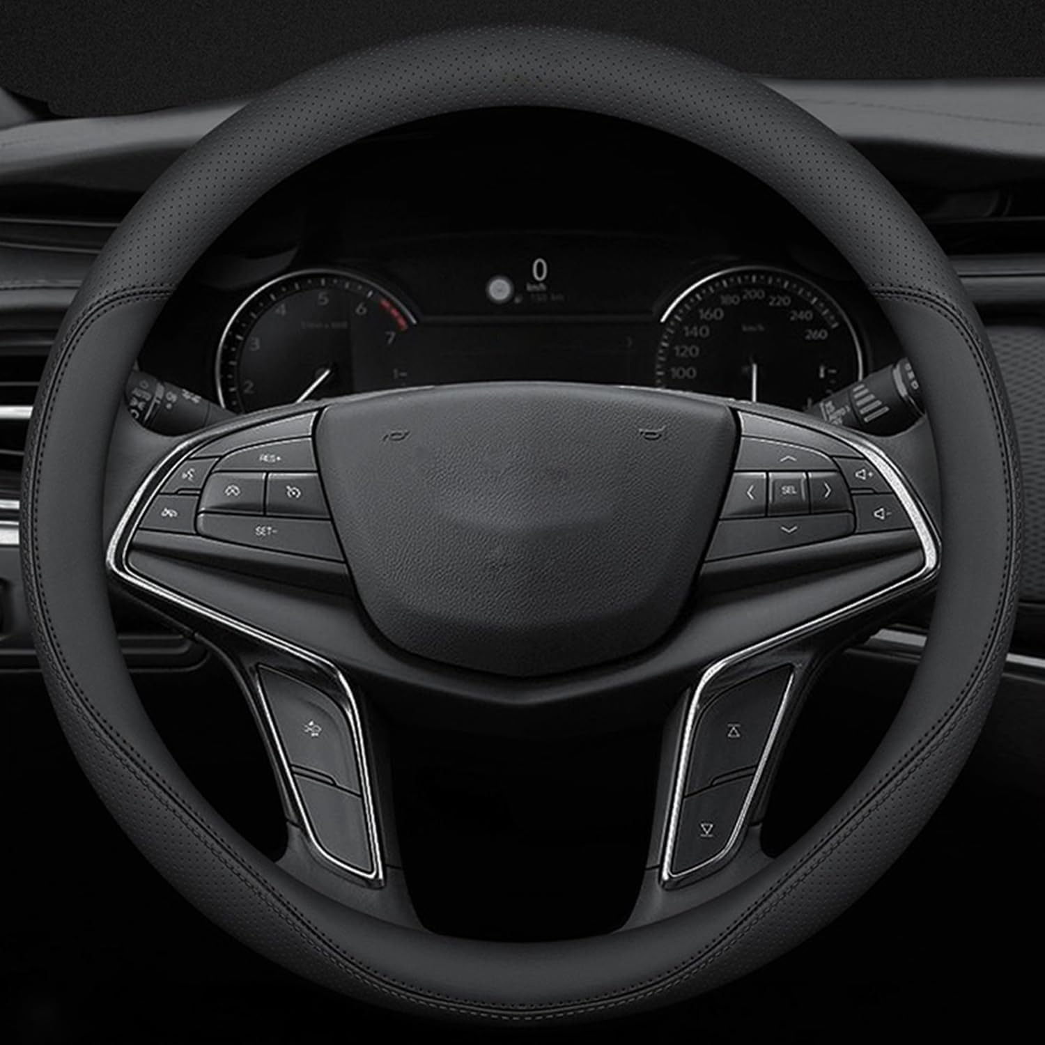 Car Steering Wheel Cover Compatible with Hyundai Elantra Tucson Sonata Santa Fe Elantra GT 14.5-15 Inches, Ultra-Thin Design Premium Nappa Leather (Black-A)