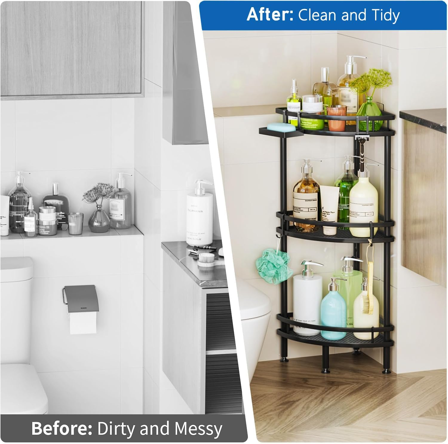 3 Pack Corner Shower Caddy, Bathroom Shelf 2-In-1, Shower Organiser No Drilling, Black Rust-Resistant Adhesive Shower Shelf, Shower Storage with Soap Holder, Bathroom Accessories image number 4