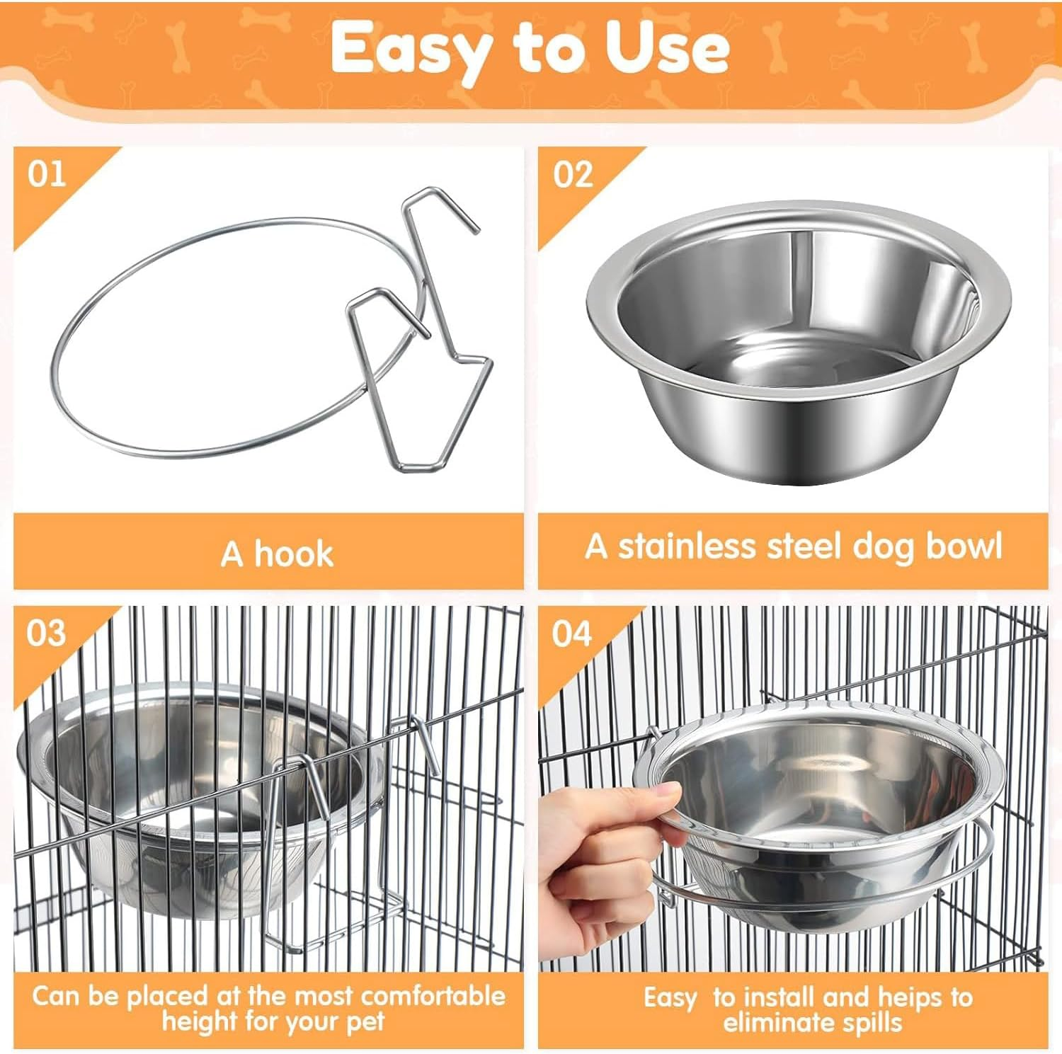 2 Pcs Stainless Steel Dog Crate Water Bowl, Dog Feeder Food Holder Puppy Bowls, Hanging Dog Bowls for Kennel outside or inside (8 Oz) image number 5
