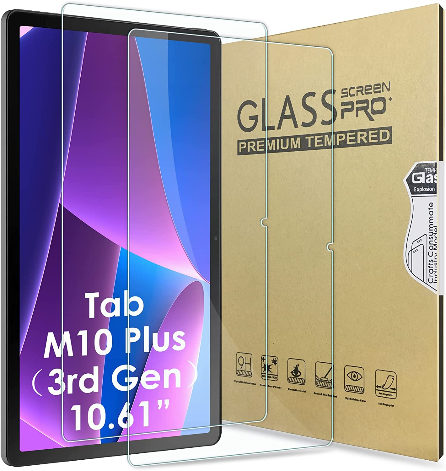 Bighan 2 Pack Screen Protector Compatible with Lenovo Tab M10 plus 3Rd Gen 10.61", 9H Hardness Tempered Glass Film Clear Anti-Bubble Full Coverage Foil