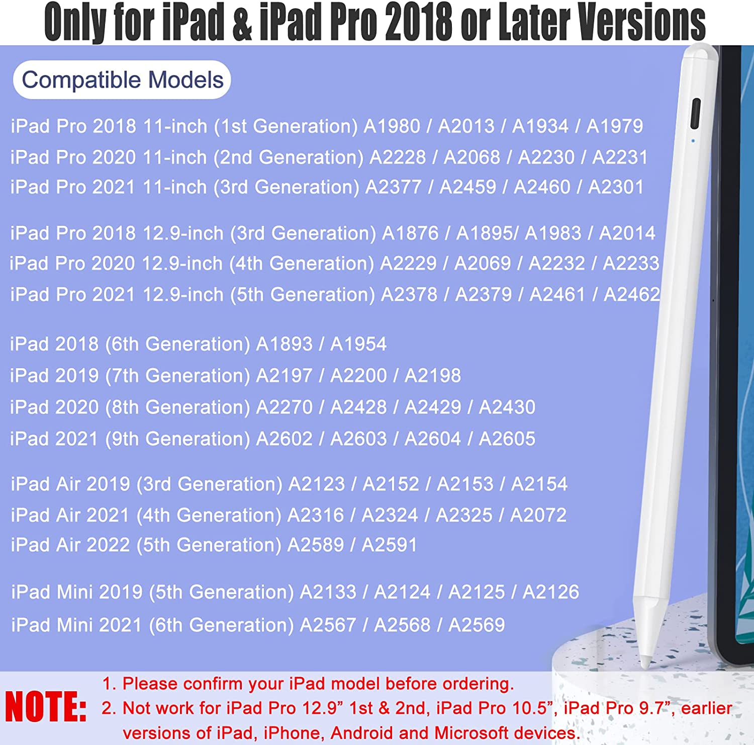 Stylus Pen for Apple Ipad with Palm Rejection, Active Pencil Compatible with (2018-2022) Pro 11/12.9 Inch, 10.2 7Th/8Th/9Th Generation, 6Th, Air 3/4/5Th Gen, Mini 5Th 6Th image number 6