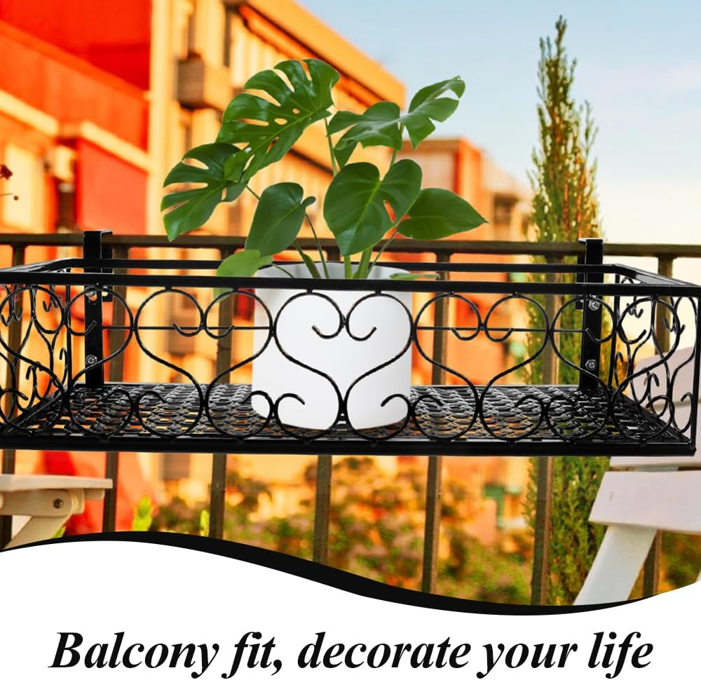 Plant Stand, Metal Hanging Basket, Portable Fence Planter Tray, Small Flower Pot Holder, Flowerpot Holder with Hooks, Storage Rack for Indoor Outdoor Use (Black, 30 * 20 * 11.5 CM) ﻿ image number 6