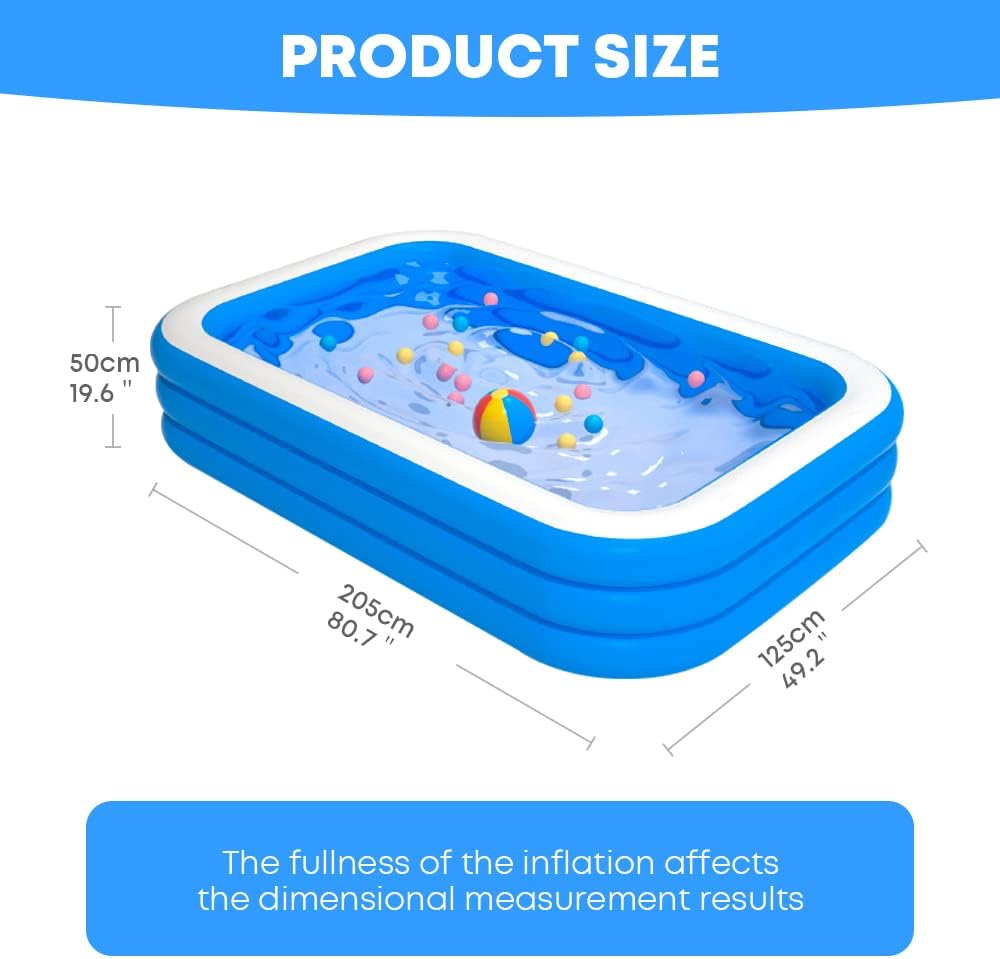 GALAXYER above Ground Inflatable Paddling Pool, 3 Rings Large Rectangular Family Toddler Swimming Center, Indoor Outdoor Garden, 205 &times; 125 &times; 50 CM image number 3