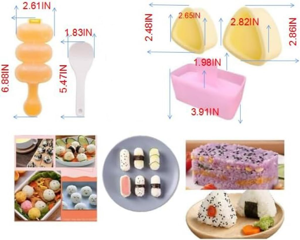 6-Piece Sushi Making Kit DIY Sushi Rice Ball Non-Stick Mold, Press Rice Ball Mold Rectangular, Spherical, Triangular, Square Mille Layer, Kitchen Tools, Cute Bento Food Decoration, Children