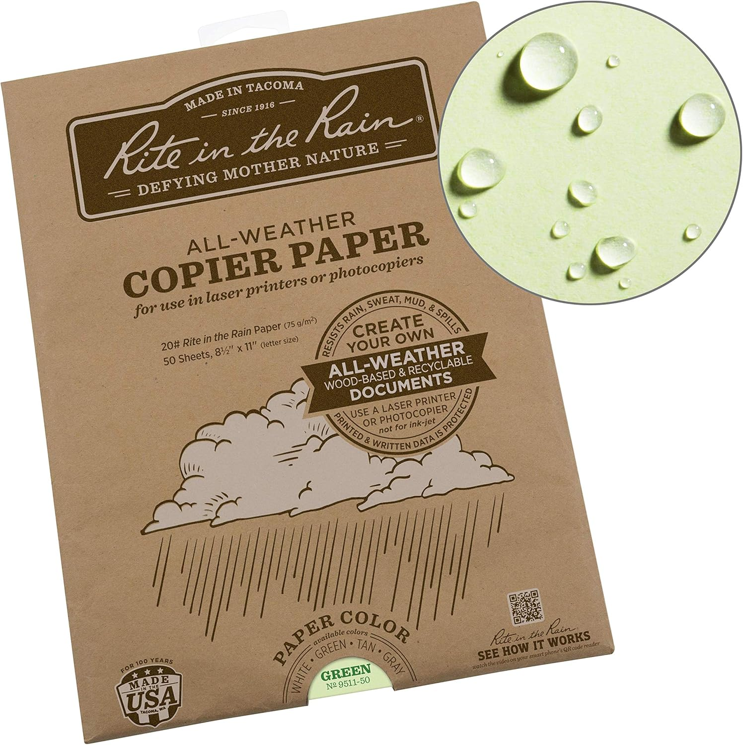 Rite in the Rain Weatherproof Laser Printer Paper, 8.5" X 11", 20# Gray Colored Printer Paper, 50 Sheet Pack (No. 8511GY-50)