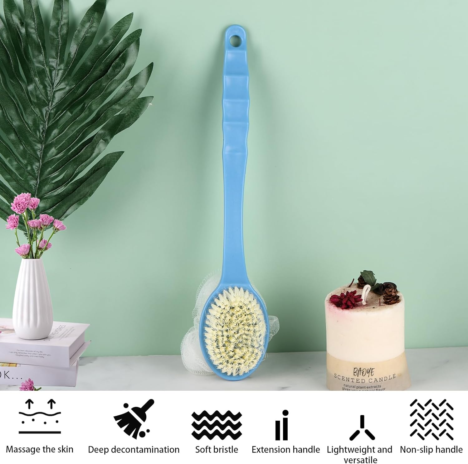 Long Handle Body Shower Brush with Soft Bristle and Exfoliating Loofah Bath Sponge - 13.4 Inches Blue Back Scrubber for Adults Bathroom Accessories