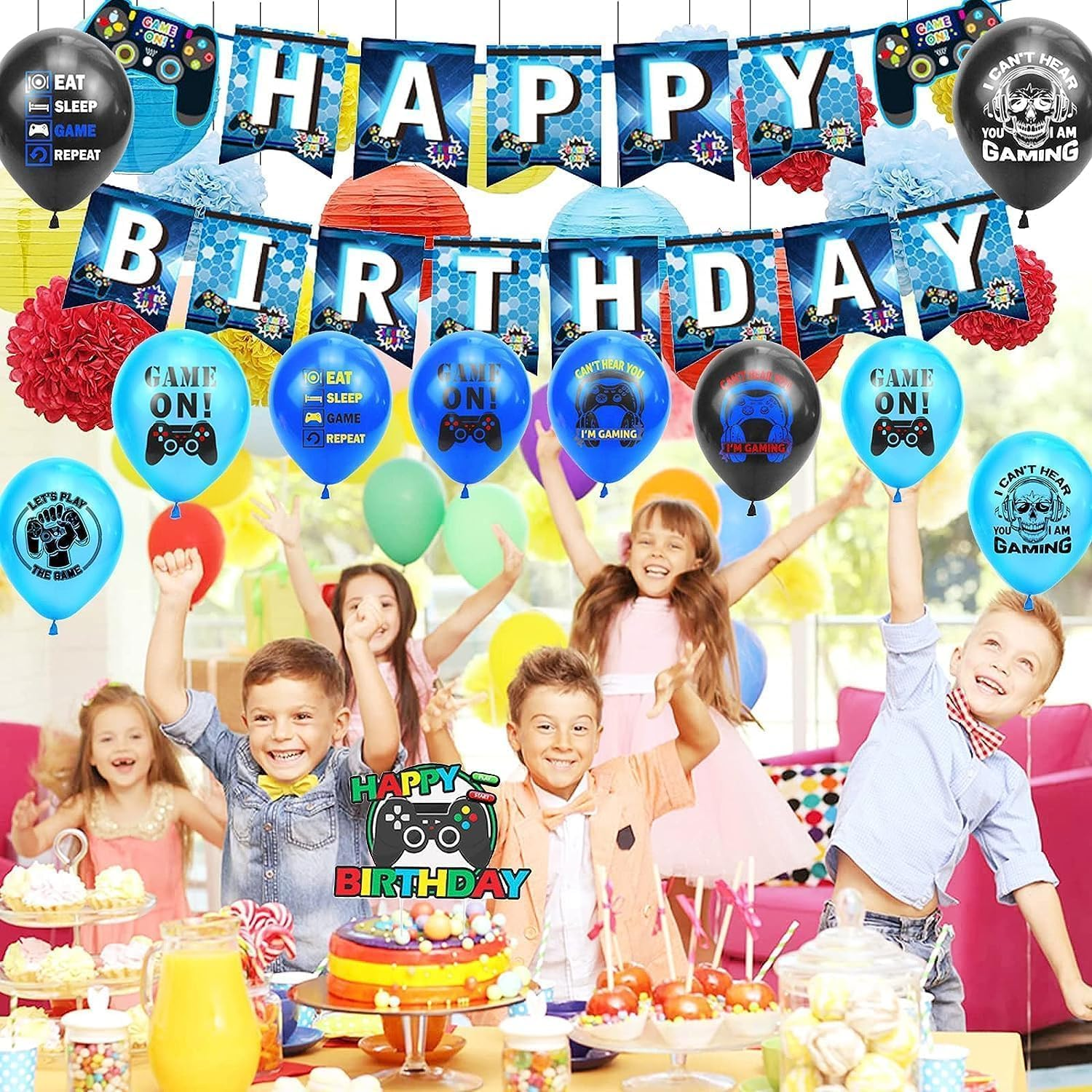 Video Game Birthday Party Decorations Blue Game on Party Supplies Gaming Birthday Decoration Including Happy Birthdays Banner, Hanging Swirls, Latex Balloons and Cake Decorations