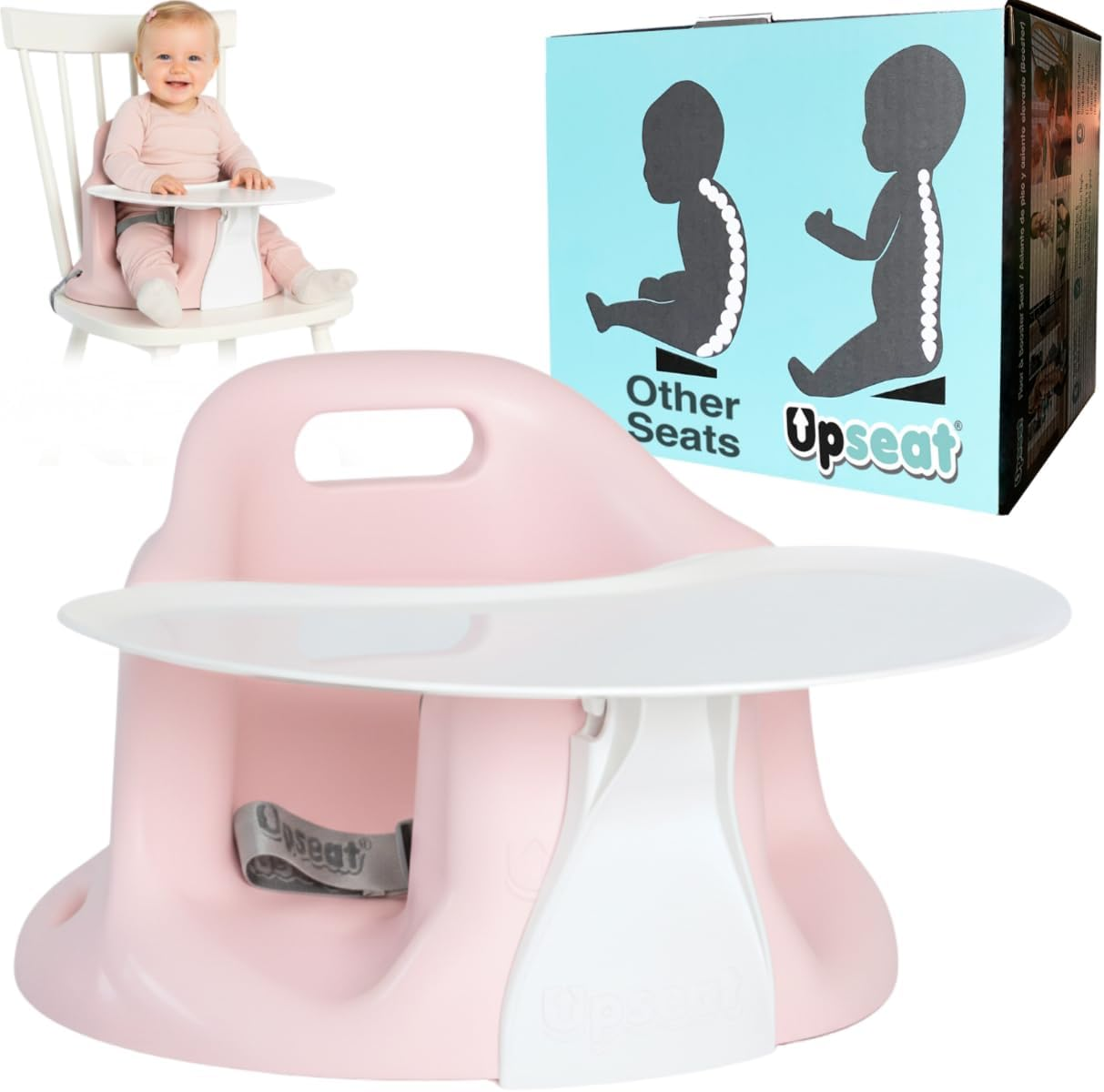 Upseat Baby Floor Seat Booster Chair for Sitting up with Removable Tray for Meals and Playtime, Developed with Physical Therapists for Safe and Healthy Hip Development and Posture (Pink)