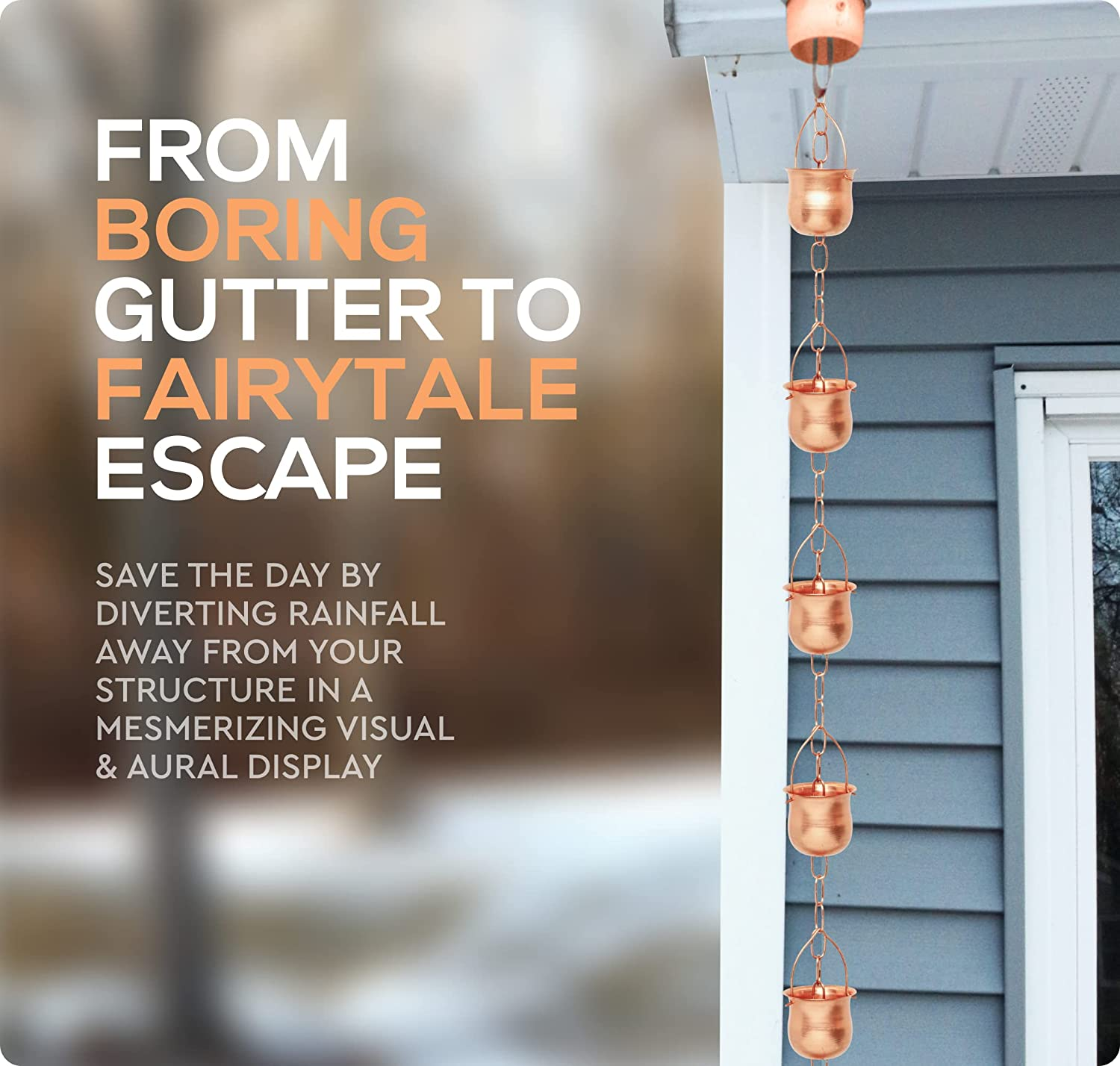 Copper Rain Chain - Decorative Chimes & Cups Replace Gutter Downspout & Divert Water Away from Home for Stunning Fountain Display - 8.5' Long for Universal Fit - Pot Style