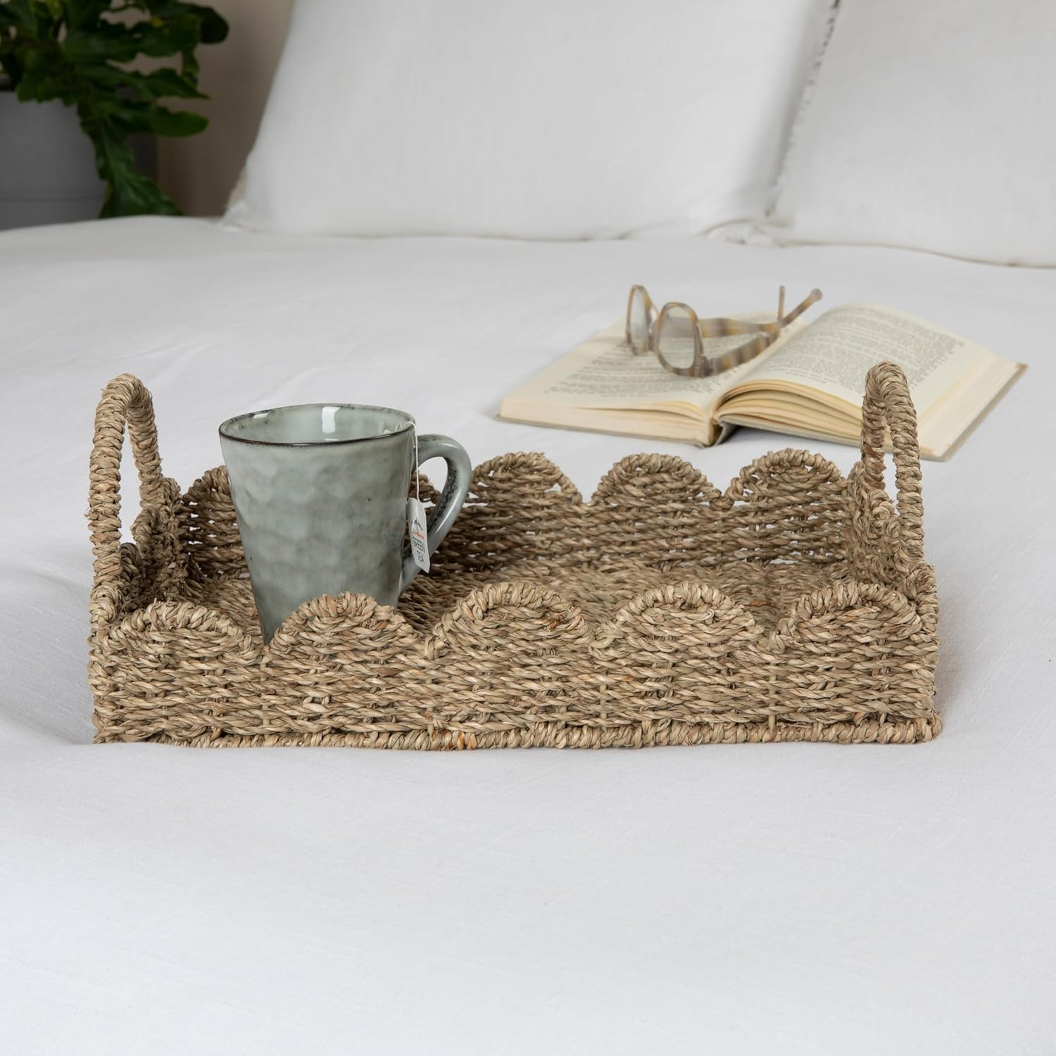 Household Essentials Handwoven Tray with Scalloped Edge and Handles, Natural