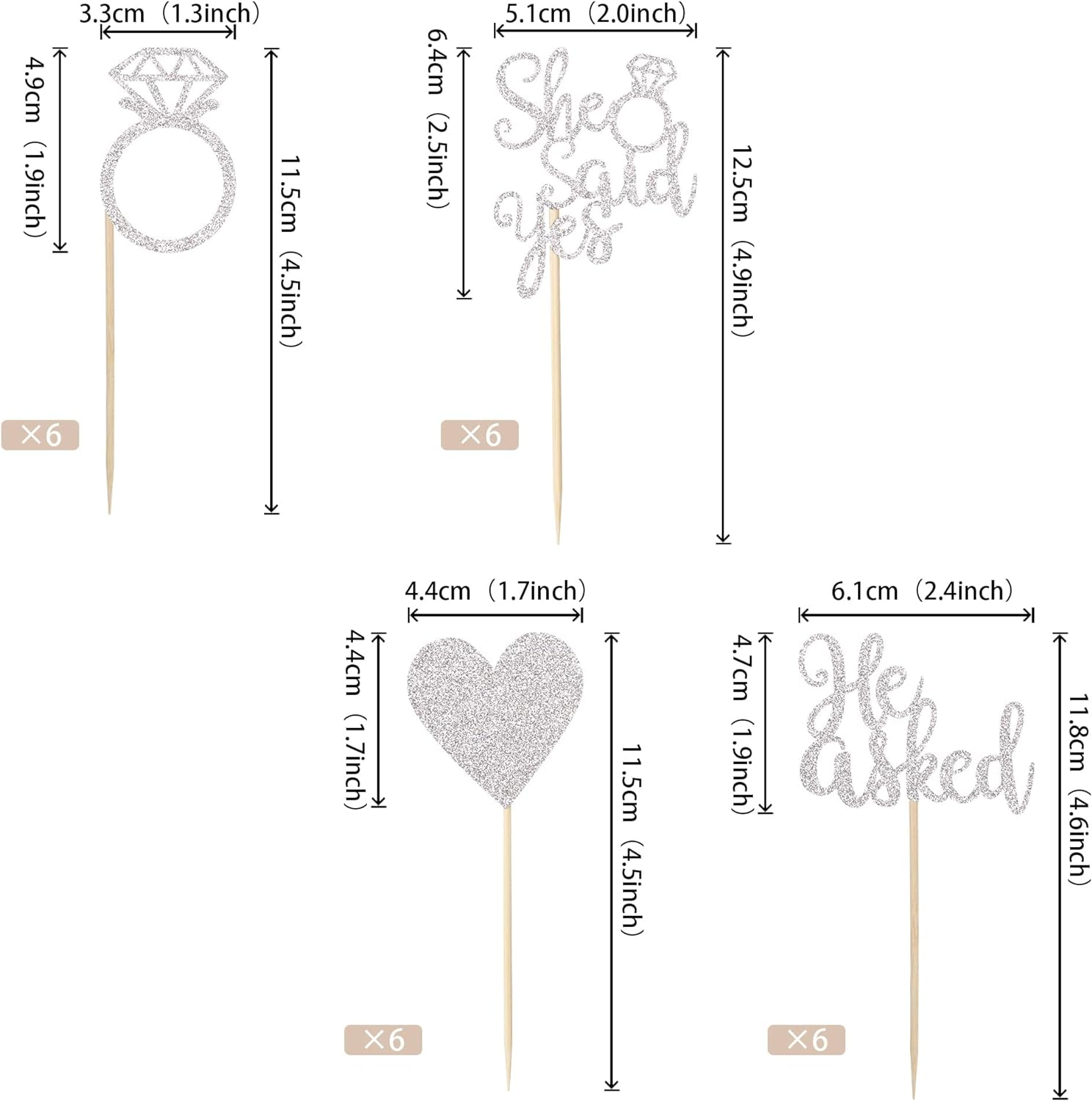 24 Pack He Asked She Said Yes Cupcake Toppers with Glitter Heart Ring Bachelorette Cake Picks Decorations for Wedding Engagement Bridal Shower Party Supplies Silver image number 3