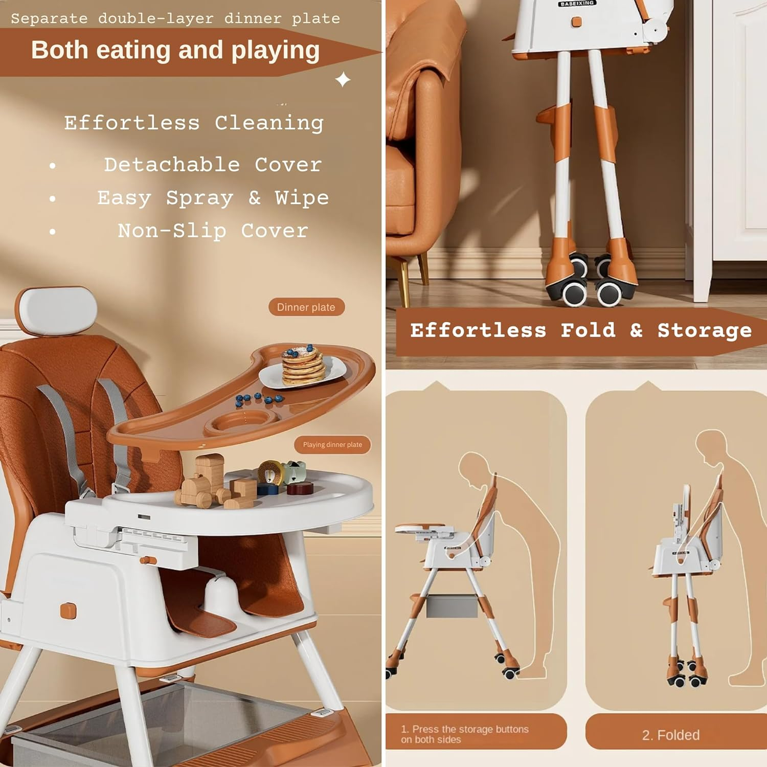 New Multifunctional Baby Highchair with 4 Wheels | Infant/Toddler Dining Chair Adjustable Highchair | Multi-Gear Tray, Removable Seat Cushion & 5 Point Harness, Portable High Chair (Brown) image number 4