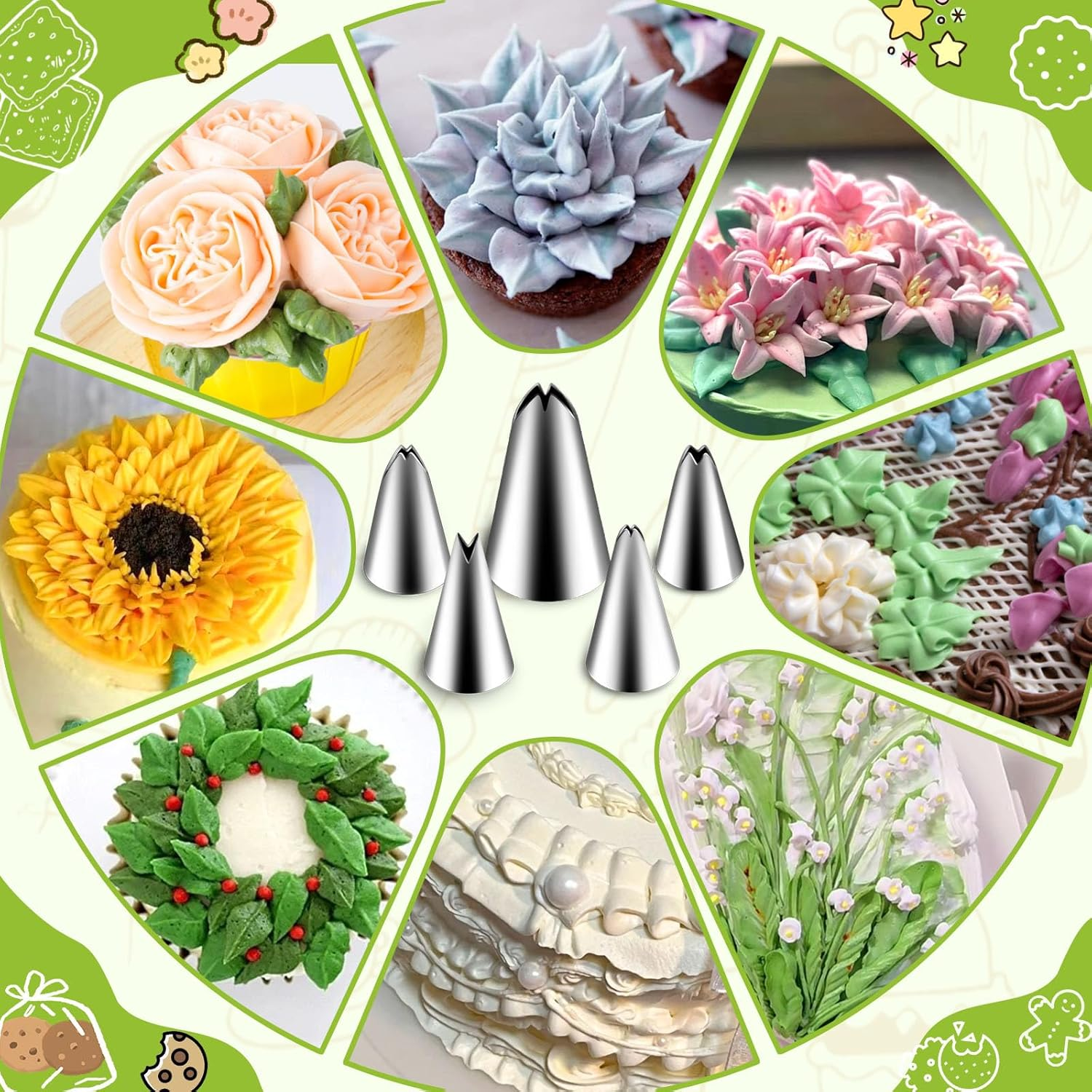 Suuker 5 Pieces Leaf Piping Tips,Stainless Steel Cake Decorating Tips, Frosting Icing Tips for Cupcakes, Cake, Cookie and Decorating（67 68 70 352 113） image number 4