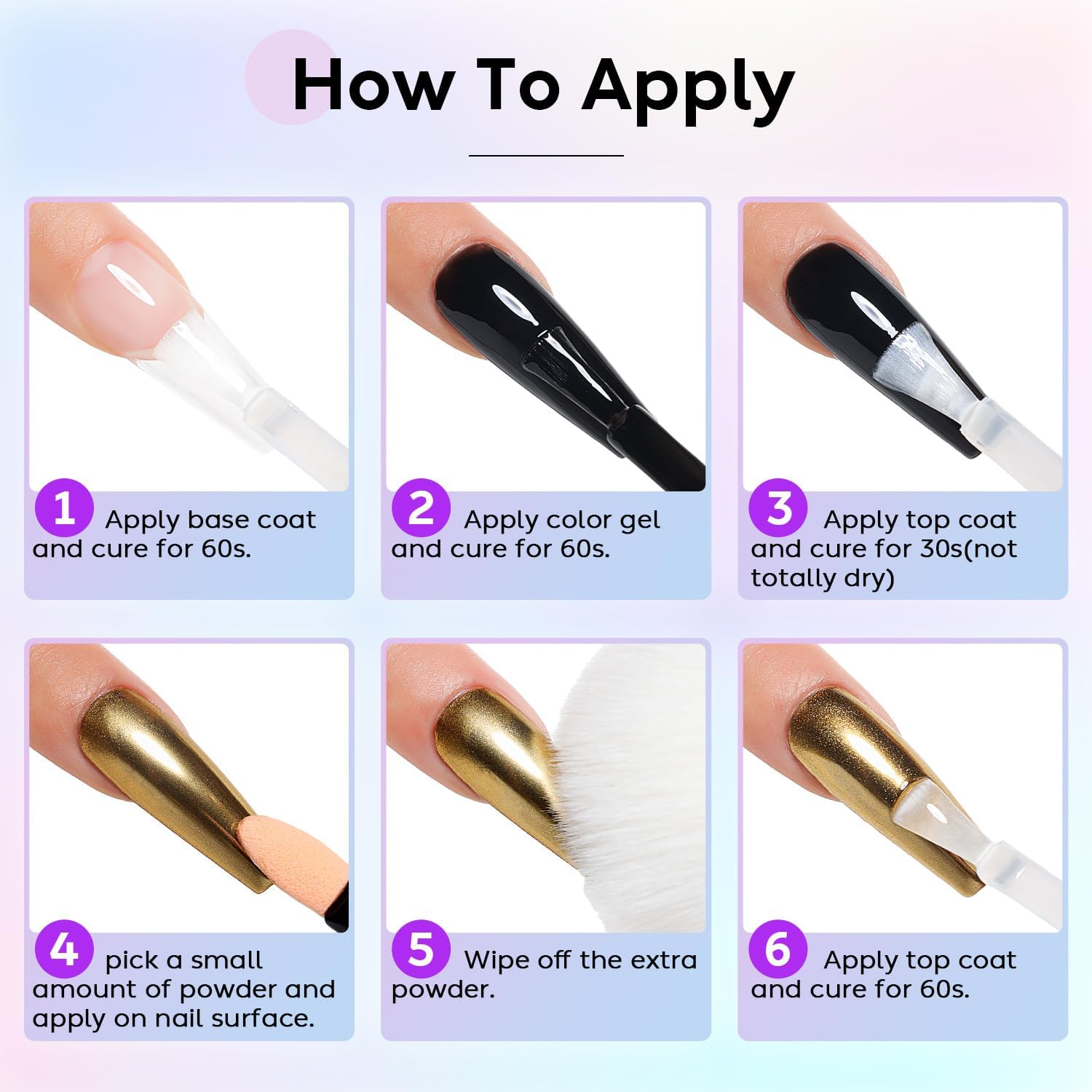 AIMEILI Hema Free, Cruelty-Free, Vegan,6 Boxes Nail Art Manicure Powder Set, 1 * 5G Holographic, 1 * 5G Chameleon Chrome, 4 * 5G Mirror Effect Nail Powder image number 1