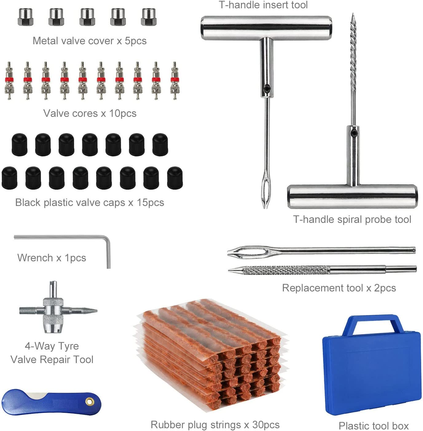Tyre Repair Kit - 67 Pieces Heavy Duty Flat Tyre Repair Kit - Chrome Finish Tools - Suitable for Cars, Motorcycles, Trucks, Atvs, Tractors image number 1