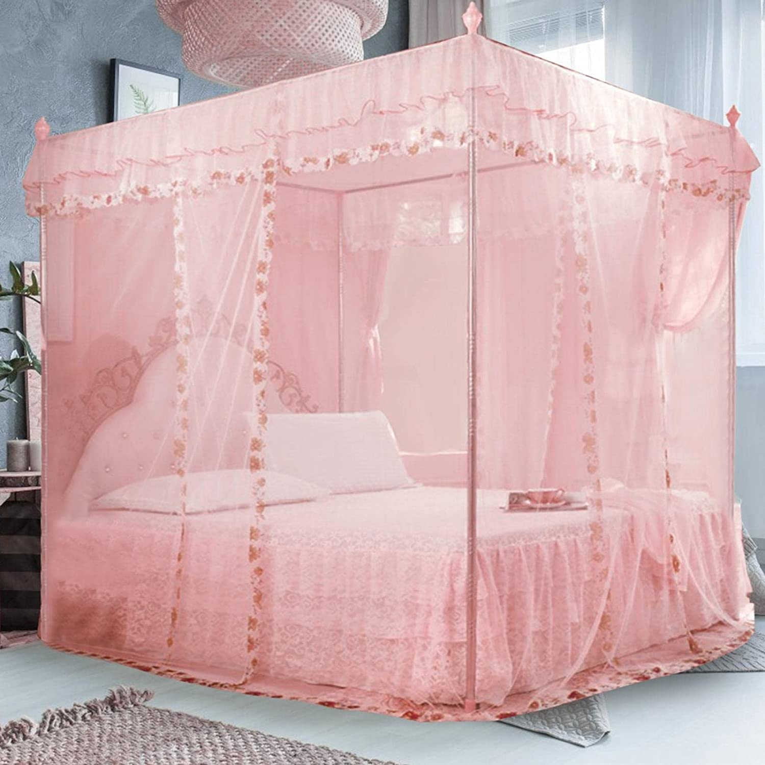 4 Corner Post Mosquito Net, Princess Bed Canopy, Breathable Bed Curtain Full Queen Size Bedroom Decoration #20 (150 * 200 * 200-Pink) image number 2