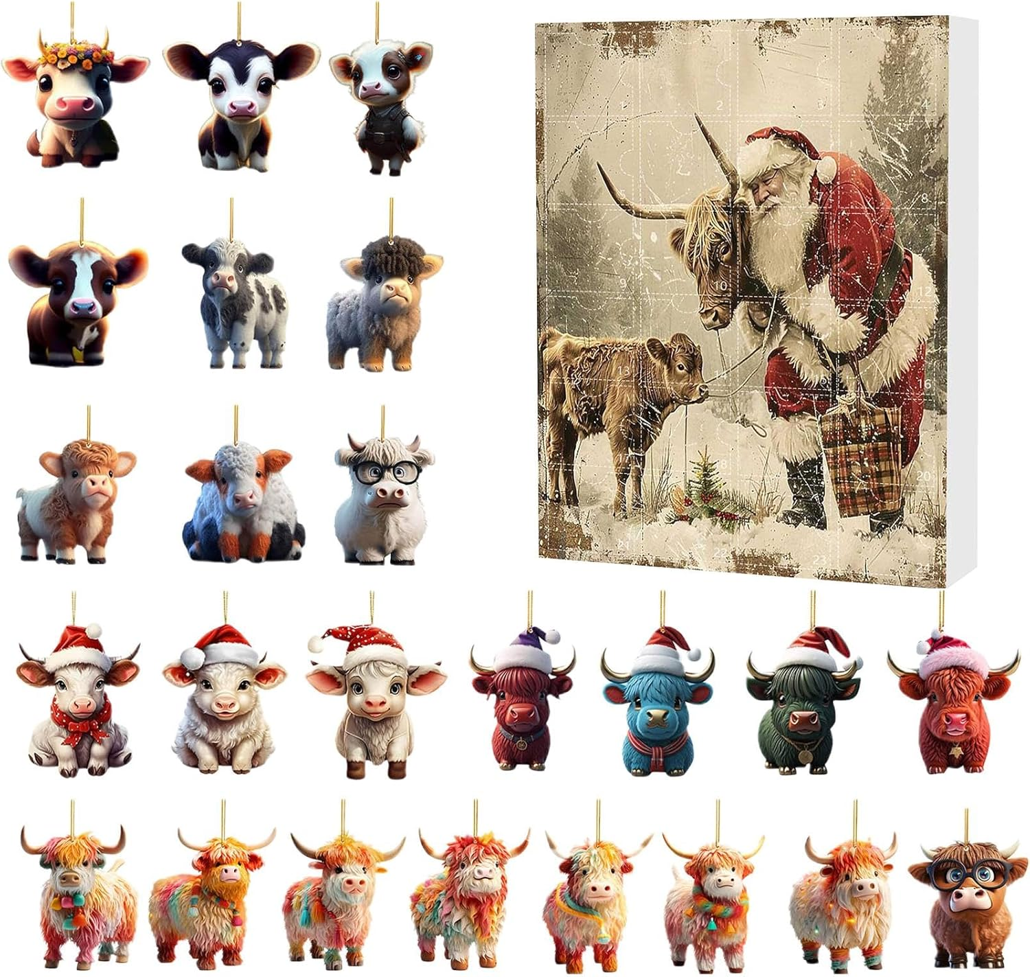 Highland Cow, 2024 Christmas Highland Cow, Highland Cow Hanging Ornaments for Christmas Decorations, Enjoy 24 Days Countdown Calendar