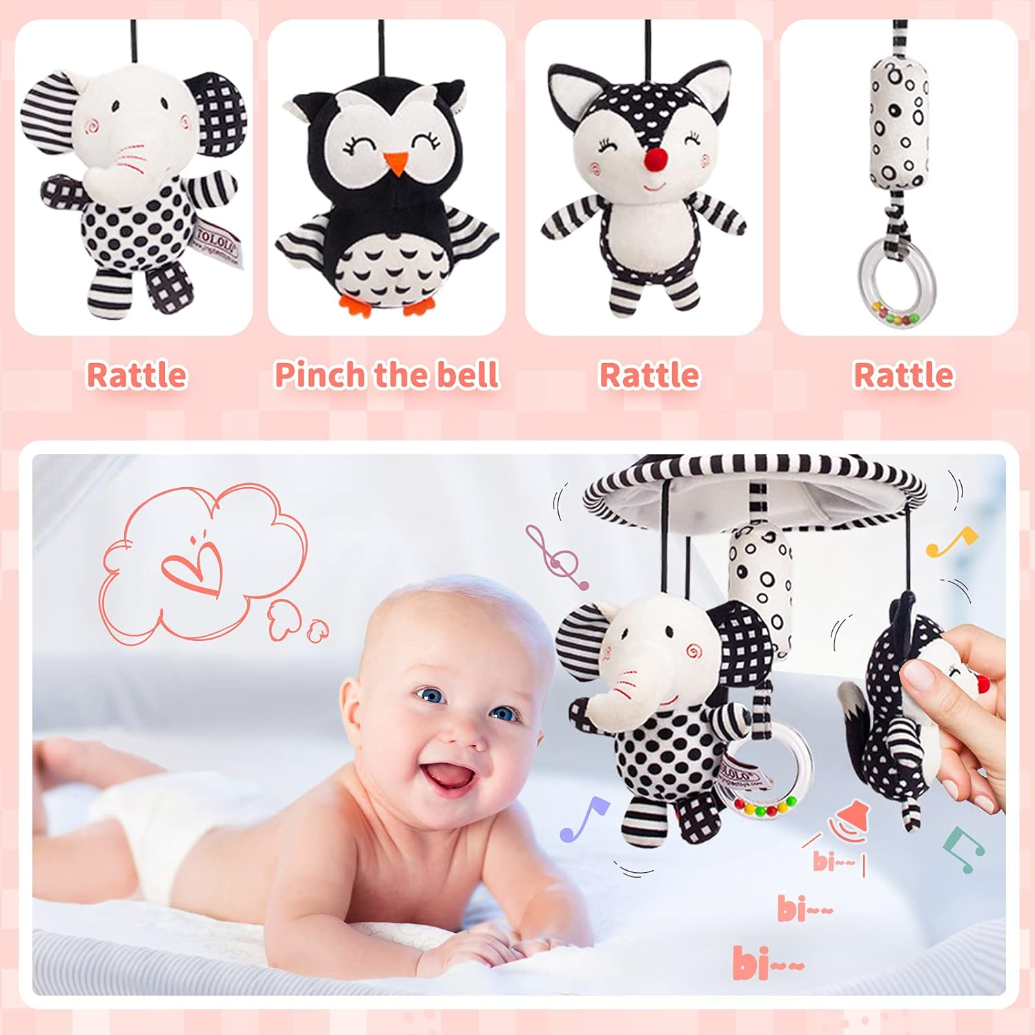 AUYYOSK Baby Cartoon Animal Stuffed Hanging Rattle Toys, Clip-On Car Stroller Toy for 3-6 to 18 Months, Soft Plush Cotton, White image number 1