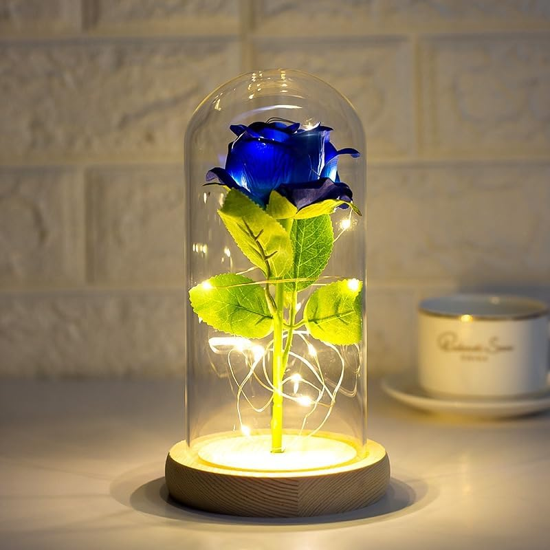 Simulation Rose Flower Preserved Plastic Beauty Red Roses Flowers in Glass Dome, Birthday Gifts Women, Artificial Rose with Led Light, Unique Gift, Valentine'S Day Gifts (Blue) image number 4