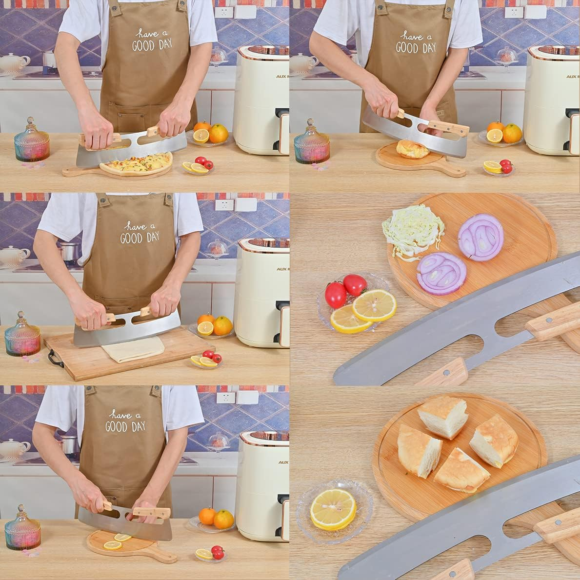 14&rdquo; Pizza Cutter Rocker Stainless Steel Arc-Shaped Blade with Protective Cover-Solid Wood Double Grip-Kitchen Pizza Tool image number 3