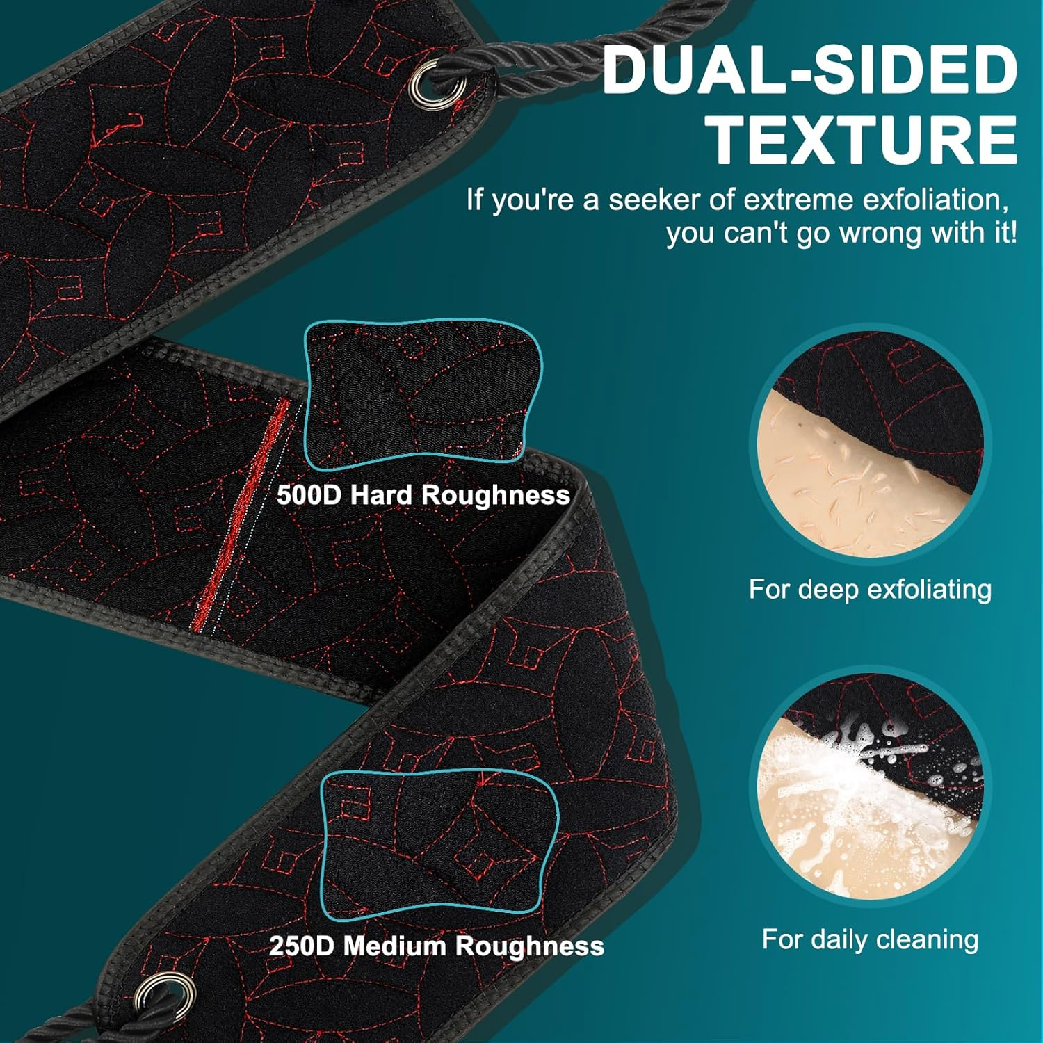 Exfoliating Back Scrubber for Use in Shower, 38.5 Inch Back Washer with Handles, Dual-Sided Body Exfoliator for Daily & Deep Skin Cleaning, Bath Back Scrub Washcloth for Men & Women (Black) image number 2