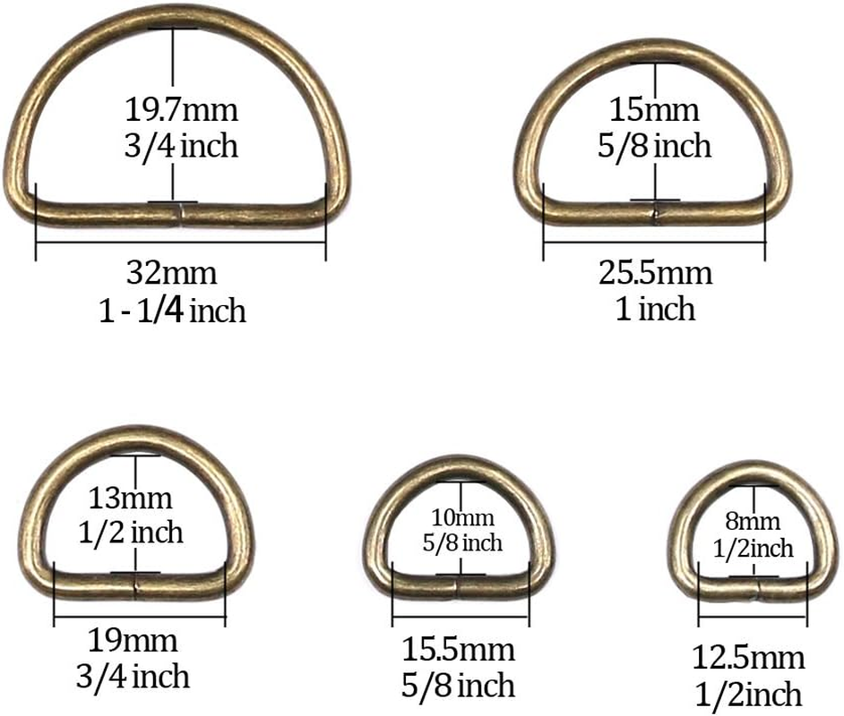 Swpeet 100 Pcs Bronze Assorted Multi-Purpose Metal D Ring Semi-Circular D Ring for Hardware Bags Ring Hand DIY Accessories - 1.3Cm, 1.6Cm, 1.9Cm, 2.5Cm, 3.2Cm image number 1