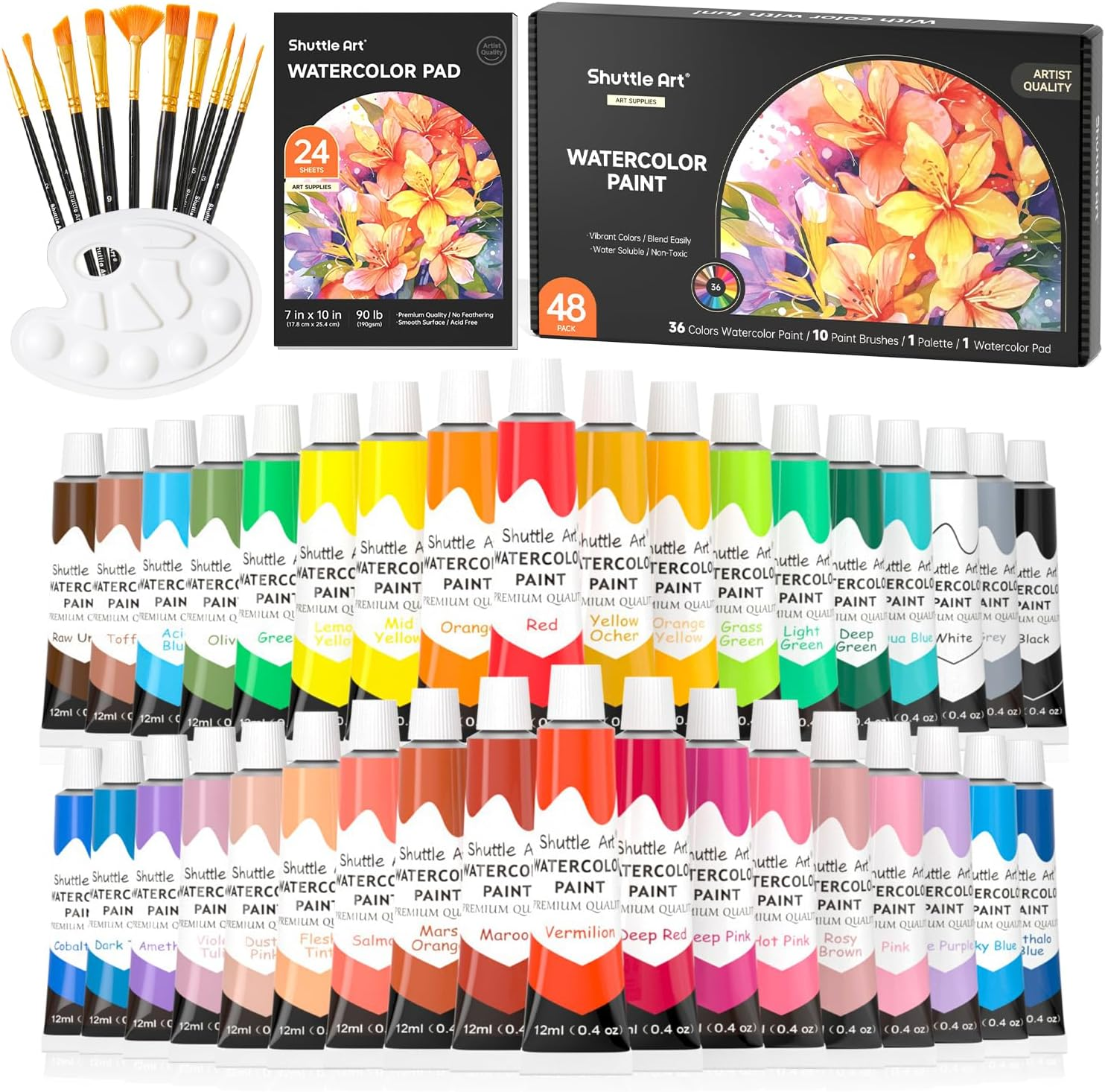 Shuttle Art 48 Pack Watercolour Paint Set, 36 Colours Watercolour Paint in Tubes (12Ml Each) with 10 Brushes, 1 Watercolour Pad, 1 Palette, Premium Watercolour Kit for Artist, Beginners, Kids image number 5