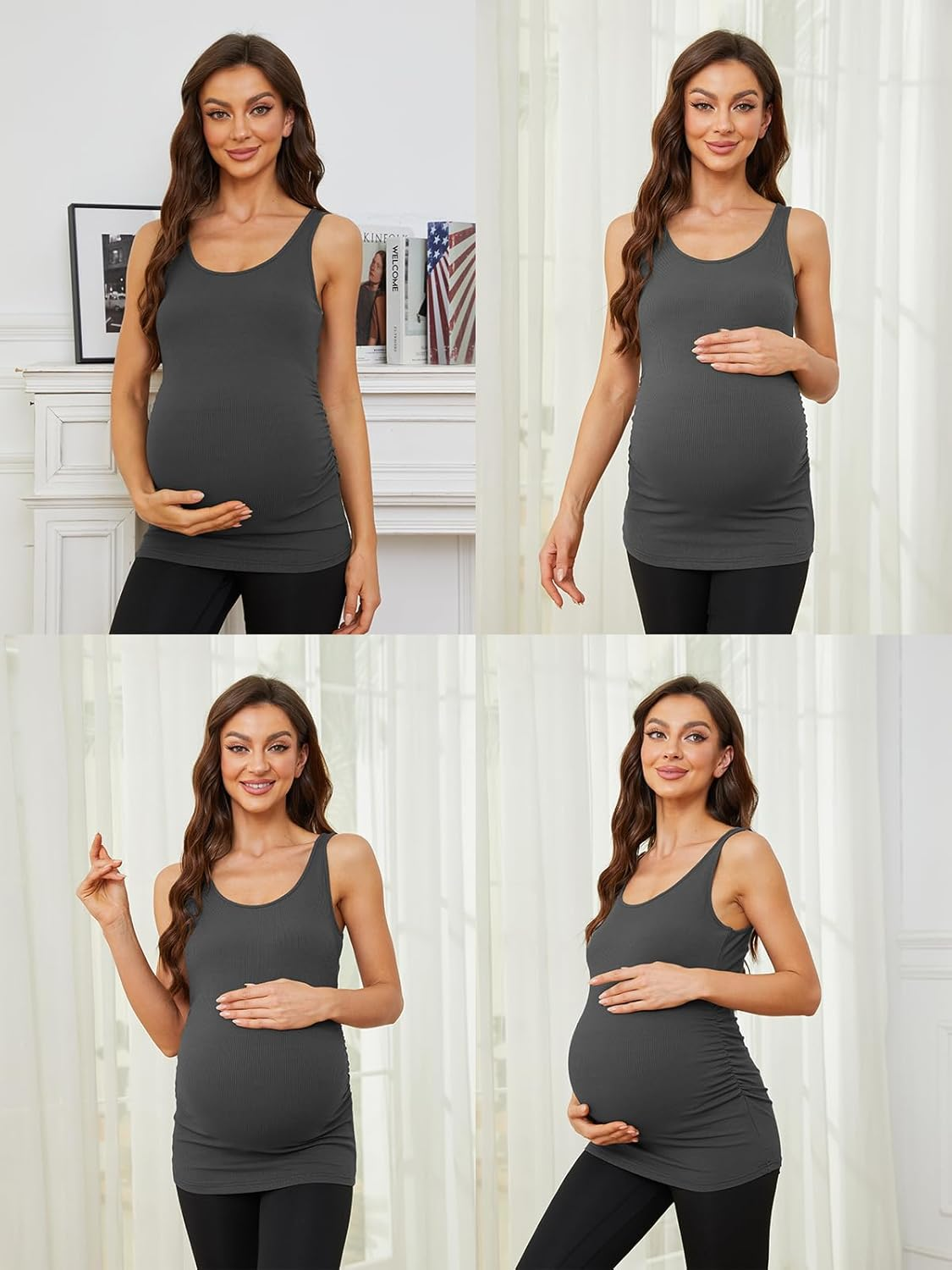 Ecavus 3 Pack Maternity Tank Tops Ribbed Ruched Side Stretchy Comfortable Sleeveless Pregnancy Shirts image number 3