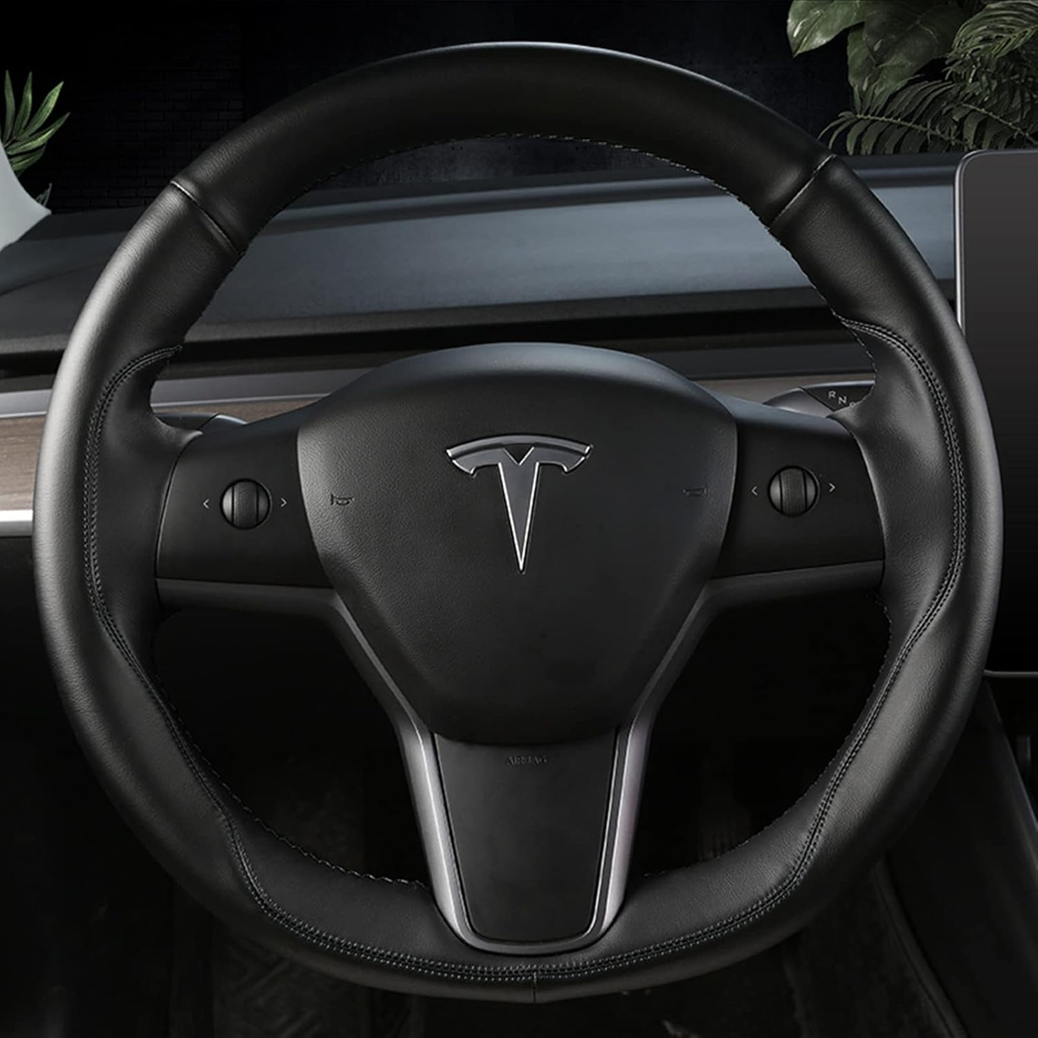 Tesla Steering Wheel Cover Microfiber Leather Hand-Stitched for Tesla Model 3/Model Y (Black-Black)