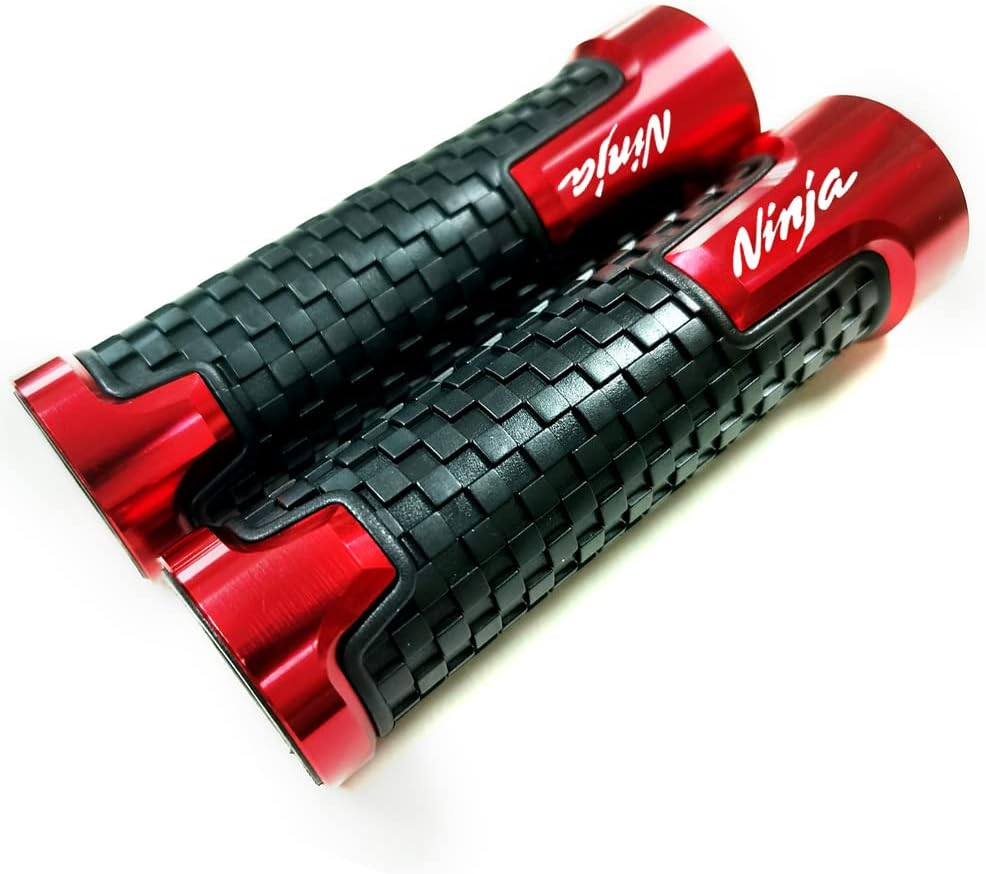 Red Carbon Look Aluminum Motorcycle 22Mm 7/8 Inches Engraved Handle Bar Rubber Gel Hand Grips CNC Bar End 7/8" Compatible with Kawasaki Ninja 300 400 250 1000 ZX6R ZX10R ZX14R image number 1