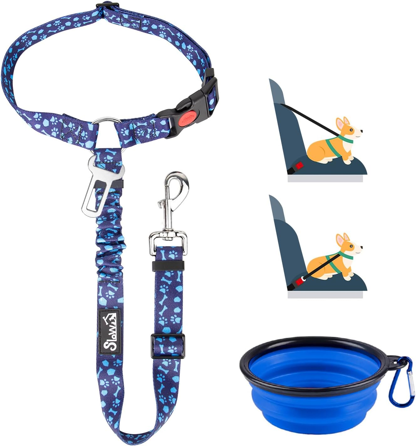 Slowton Dog Car Seat Belt, 2 Pack Headrest Restraint Seatbelt with Bowl, Adjustable Pet Safety Leads with Reflective Elastic for Dog Travel Daily Use (Fluorescent Pink, 2 Headrest + Clip + 1 Bowl)