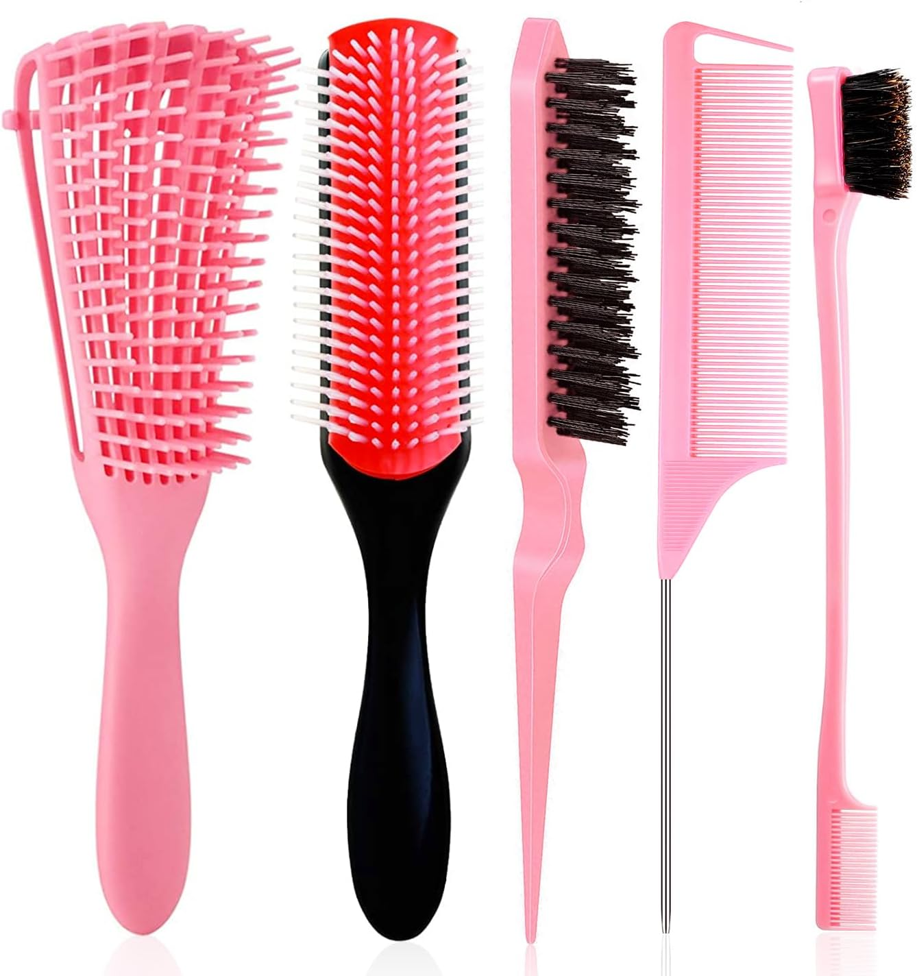 5 Pcs Detangling Brush Set Cushion Nylon Bristle Shampoo Brush Dual Edge Teasing Comb (Black-1)