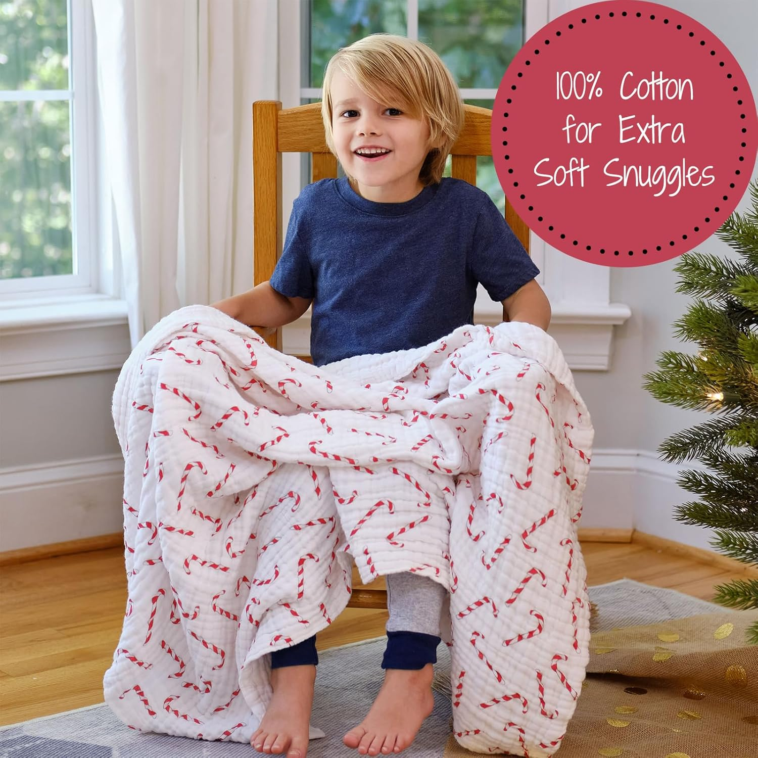 Lollybank Muslin Baby Quilt, 100% Cotton Neutral Baby Blanket, 6-Layer Lightweight Toddler Quilt, Soft and Breathable Newborn Blanket for Boys and Girls, Newborn Essentials (Candy Cane Print) image number 6