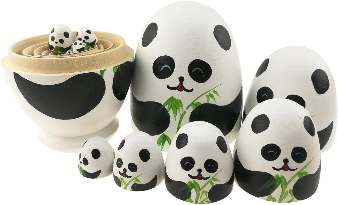 Handmade Wooden Stacking Panda Nesting Dolls - Set of 10 Cute Panda Bear Egg Shaped Matryoshka Babushka Dolls for Kids image number 4