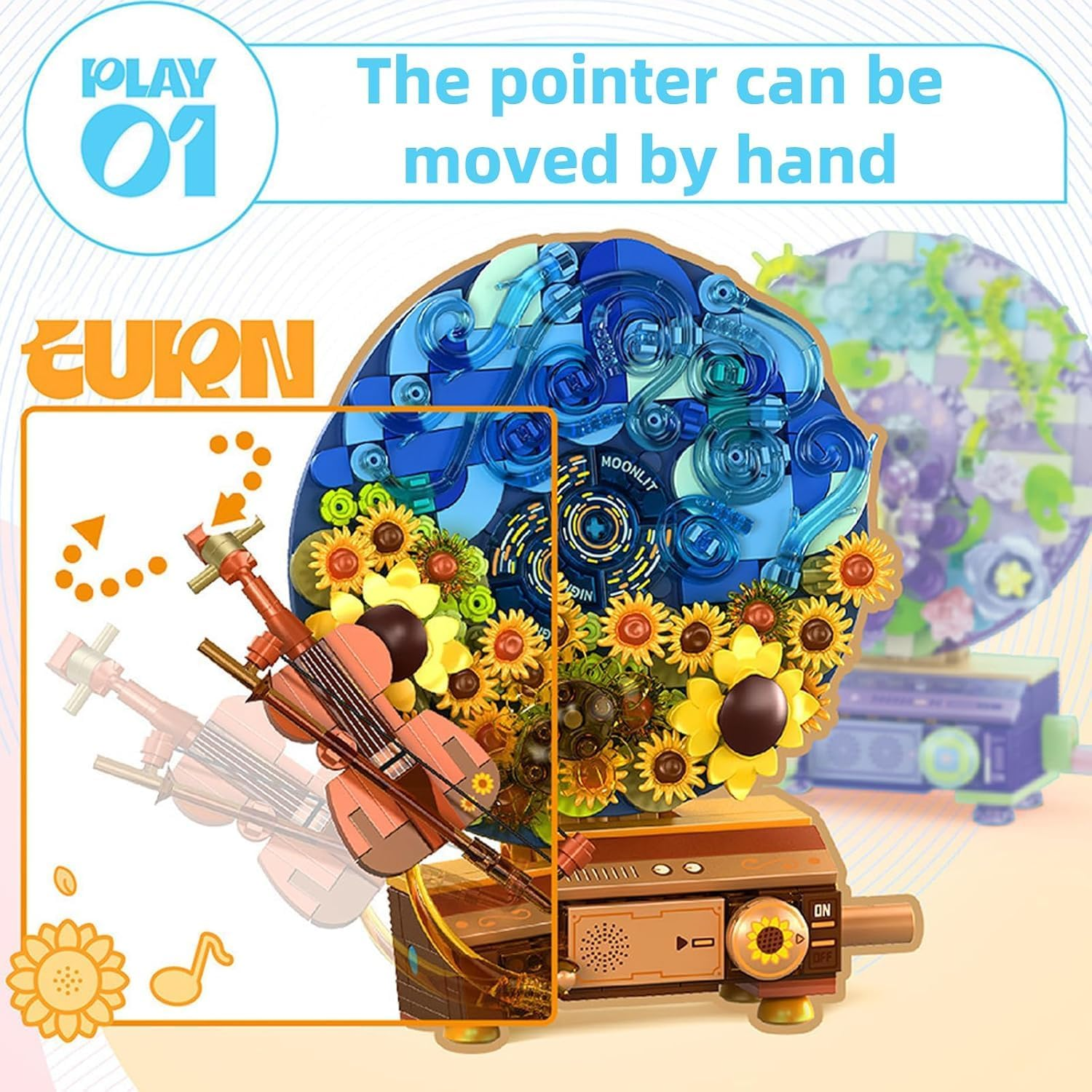 Music Box Botanical Collection Building Block Set,Artificial Flowers Record Player,Water Lilies,Best Gift on Chrismas,Valentine'S Day,Diy Stem Toy for Boys & Girls 6+(367 Pcs) image number 2