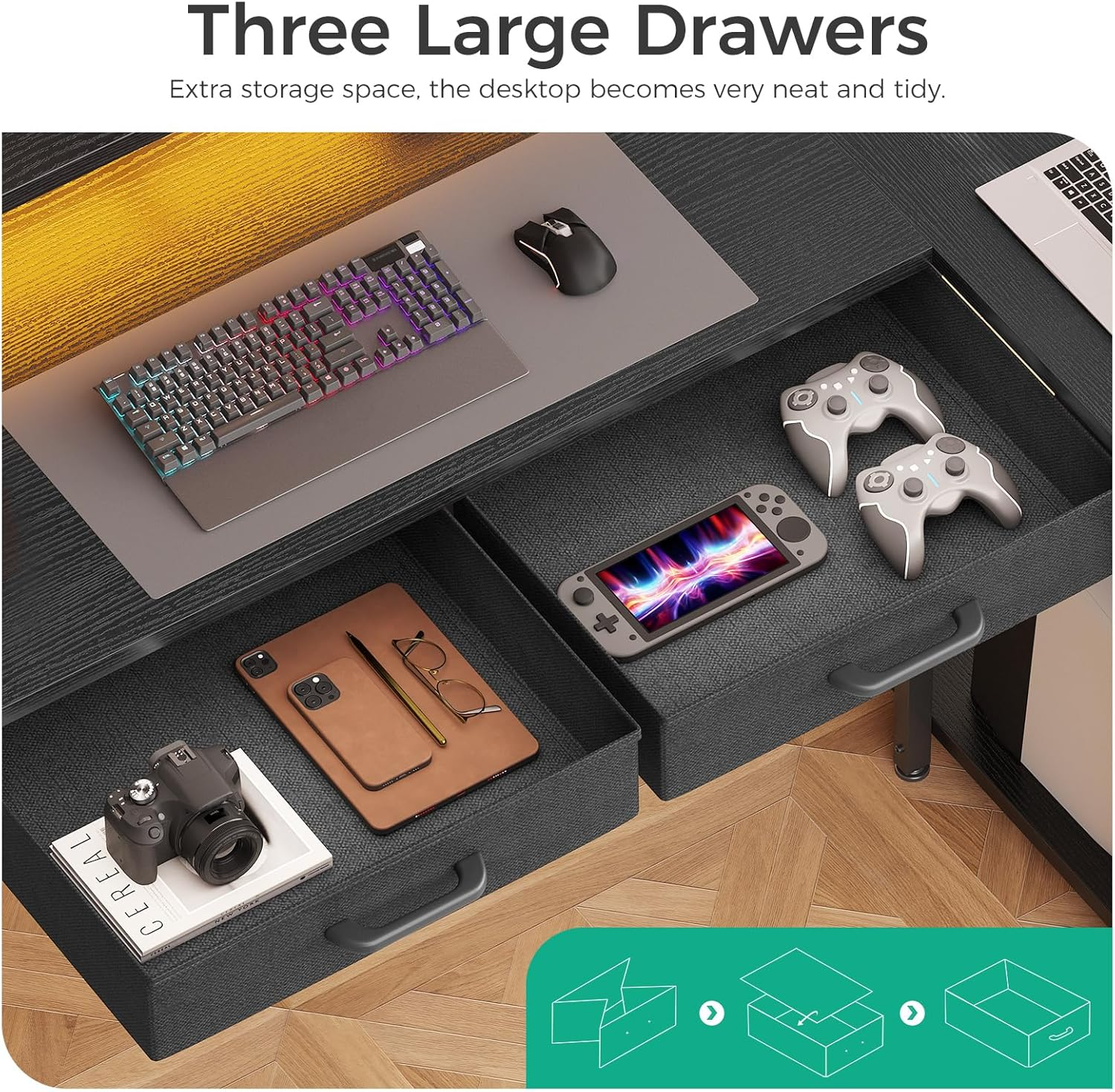 ODK L Shaped Computer Desk with 10 Colour RGB LED Lights&2 AC Outlets, Home Office Desk with Flexible Monitor Stand, Corner Desk with 3 Drawers Reversible Storage Shelves，126 * 80 * 92.7Cm, Black image number 1