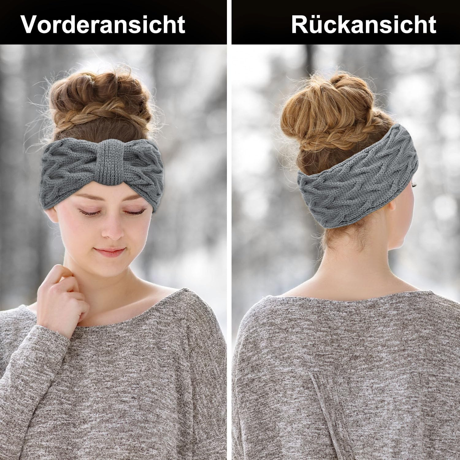 Estefanlo Women'S Winter Headbands, Pack of 2, Knitted Lined with Fleece, Ear Warmers, Headband, Hair Band, Thick for Women and Girls (Black + Grey) image number 6