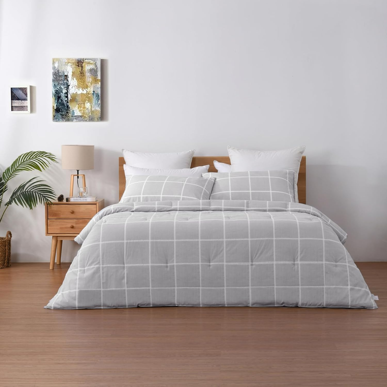 Dreamaker 225TC Cotton Washed Comforter Set - Soft & Cozy Bedding Collection All-Season Quilted Bedspread Hypoallergenic - Checkered Grey (Queen) 1 X Comforter 210X210Cm; 2 X Pillowcases 48X73+15Cm image number 6