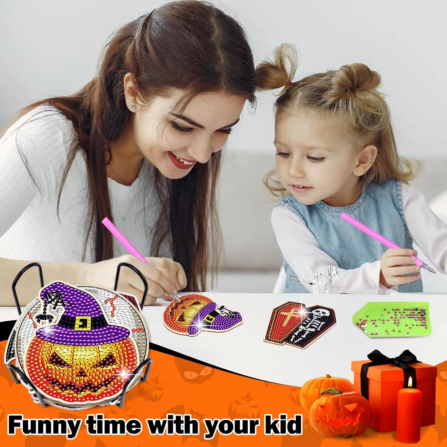 8 Pcs Halloween Diamond Art Kits for Adults, Skull Crafts Coasters and Accessories image number 4