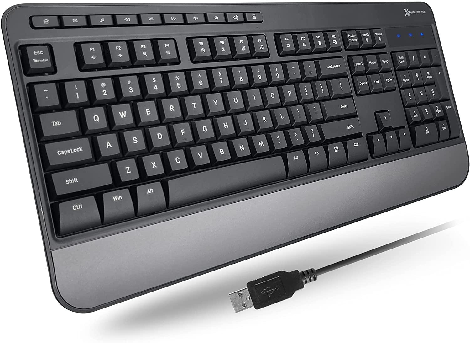 X9 Wired Keyboard - Comfortable Typing - Ergonomic Full Size USB Keyboard with Wrist Rest, Number Pad, Multimedia and 114 Keys - External Computer Keyboard for Laptop, Desktop and Office PC image number 1