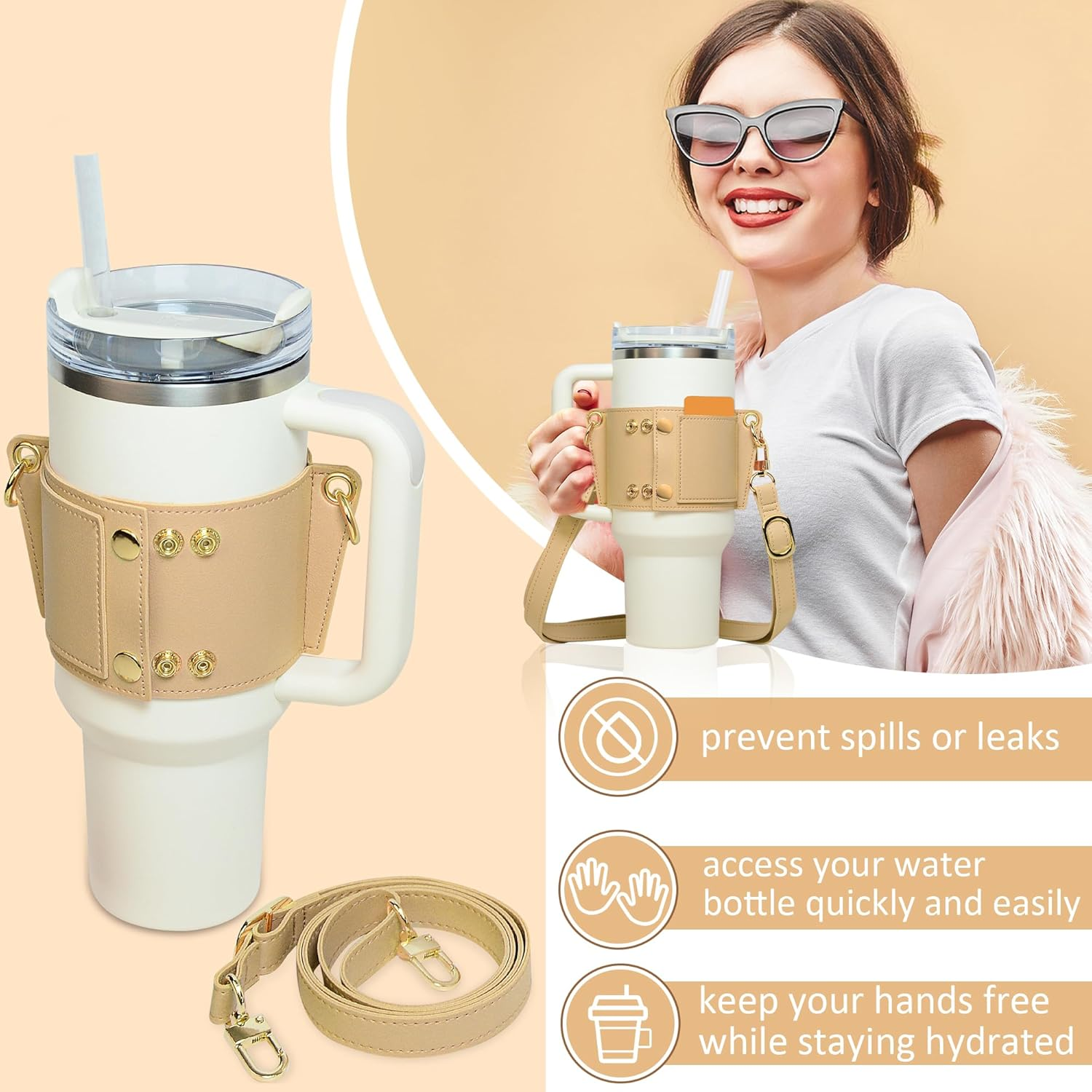 Water Bottle Holder - Carrier Strap for Stanley 40 Oz & 30 Oz Tumbler with Handle, for Stanley Cup Accessories, Adjustable Strap, Credit Card Holder, Keyring, Straw Cover (Khaki) - Black image number 5