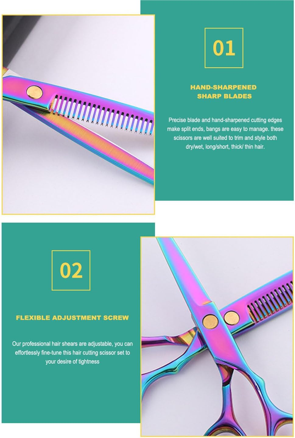 Vivva Hair Cutting Scissors Kit,10 Pcs Professional Haircut Scissors Kit with Cutting Scissors,Thinning Scissors,Comb,Barber Cape,Hair Clips,Hairdressing Shears Set for Barber and Home Rainbow