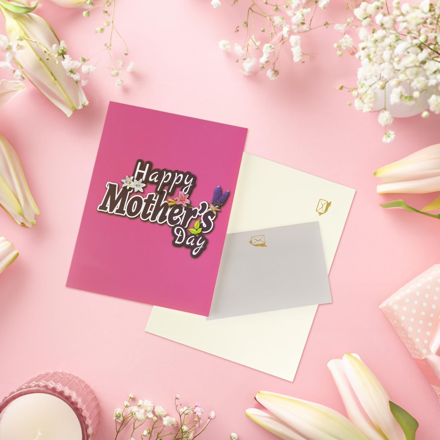 Magic Ants 3D Pop-Up Mother&rsquo;S Day Card &ndash; "Happy Mother&rsquo;S Day" with Glittery Floral Design, Yellow and Silver Script, Colorful Flowers, Lavender Sprig, Includes Envelope and Blank Notecard for Mom, Stepmother, Mother in Law, Grandma, Wife, Sister, Aunt