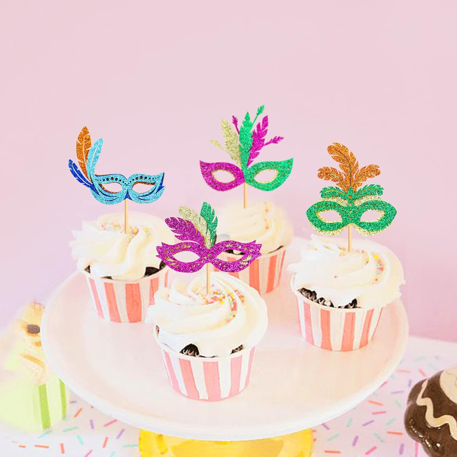 24PCS Masquerade Masks Cupcake Topper Mardi Gras Bachelorette Mask Cupcake Toppers Masquerade Mardi Gras Baby Shower Birthday Party Decorations Supplies 2 image number 5